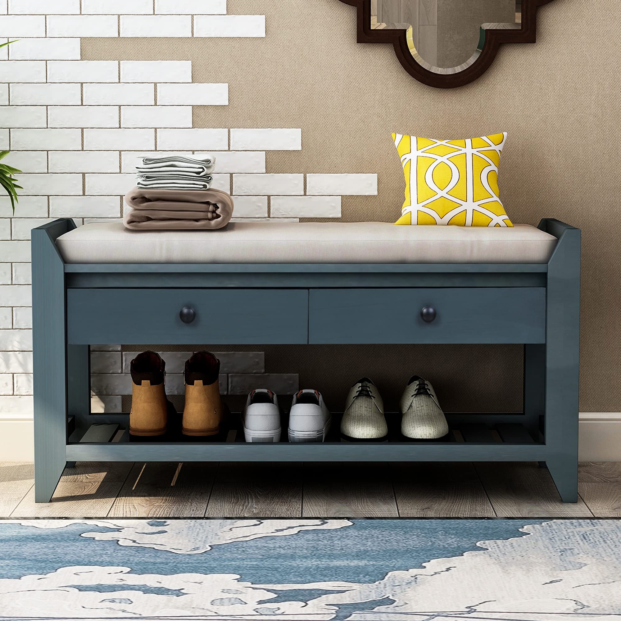 P PURLOVE Entryway Storage Bench with Cushioned Seat - Shoe Rack Organizer with 2 Drawers & Storage Shelf, Antique Navy - Perfect for Hallway, Mudroom & Living Room Organization