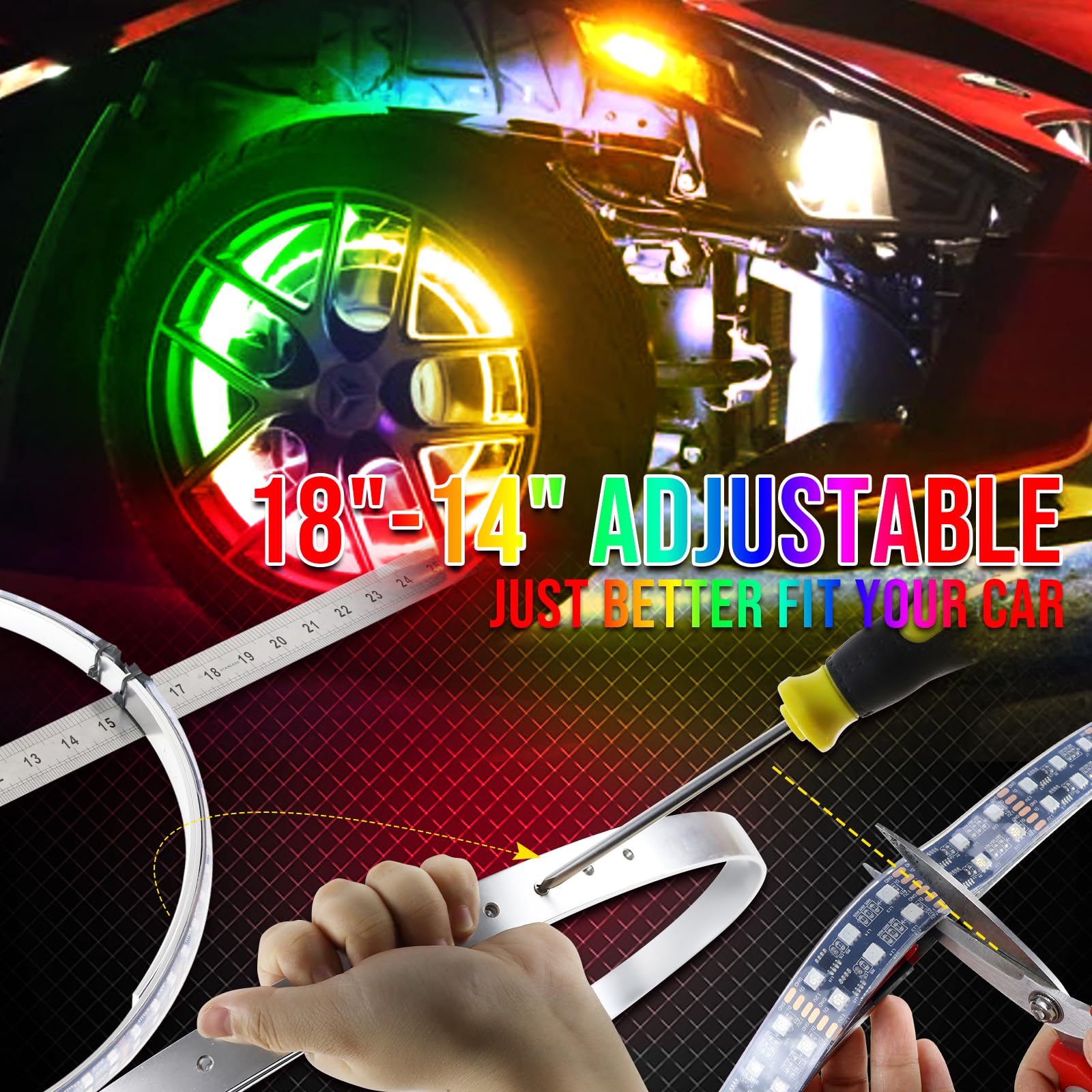Adjustable 14-18 Inch 2-Rows RGBW LED Wheel Ring Lights with Switch - Color Changing Rim Lights for Trucks, Pickups, SUVs & Off-Road Vehicles (4 Wheels) - Perfect for Night Driving, Car Shows & Off-Road Adventures