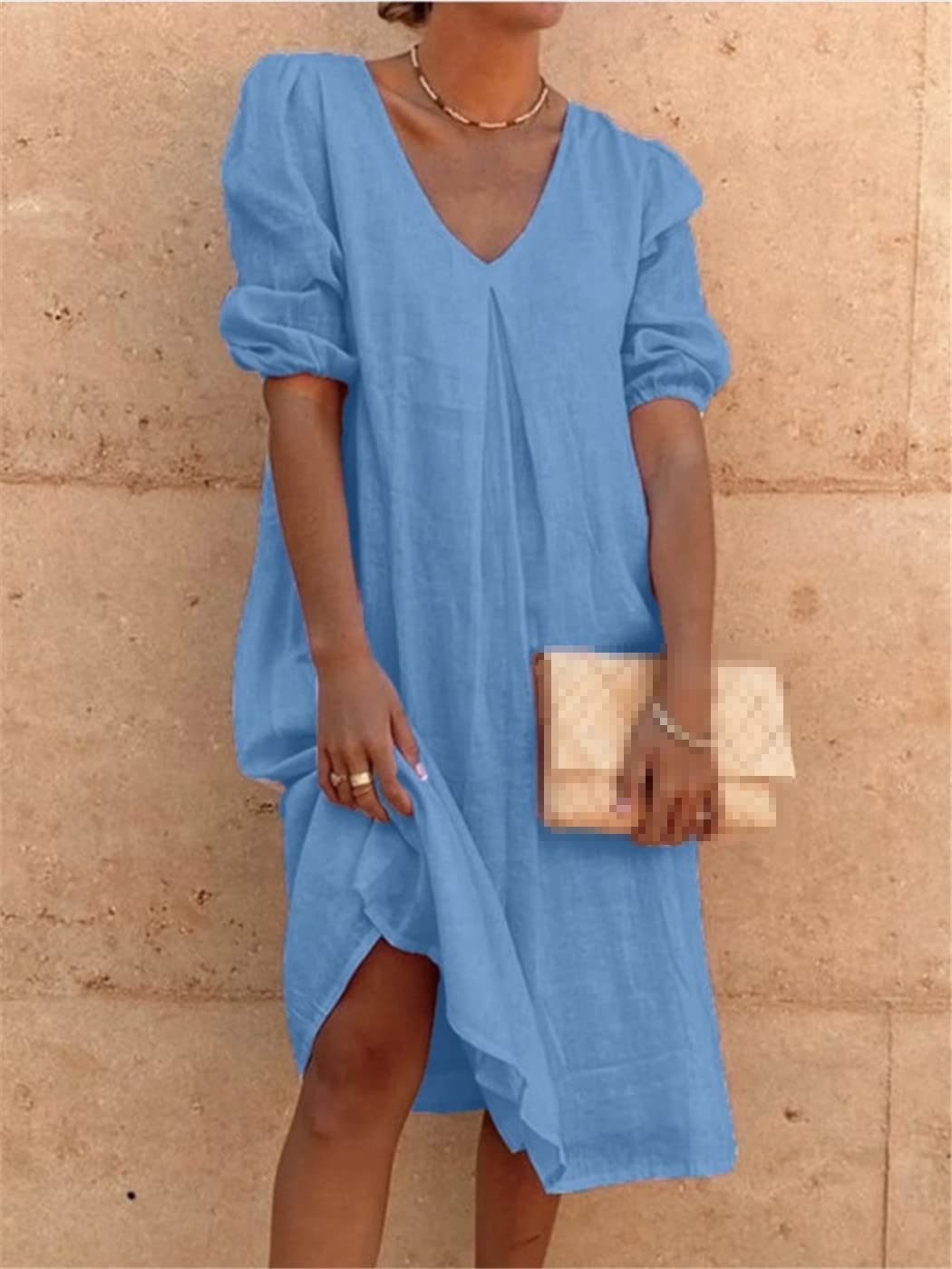 Women's Summer Cotton Linen Solid Color Dress - Medium Long Sleeve Casual Loose Fit White Dress for Beach, Vacation & Everyday Wear