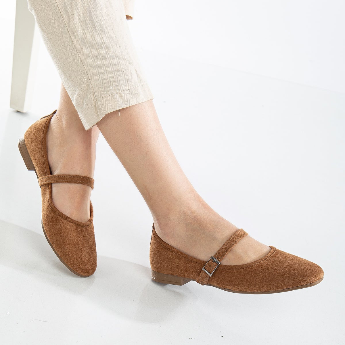 Emilie Cognac Brown Suede Mary Jane Flats - Comfortable Women's Casual Shoes for Work, Office & Everyday Wear