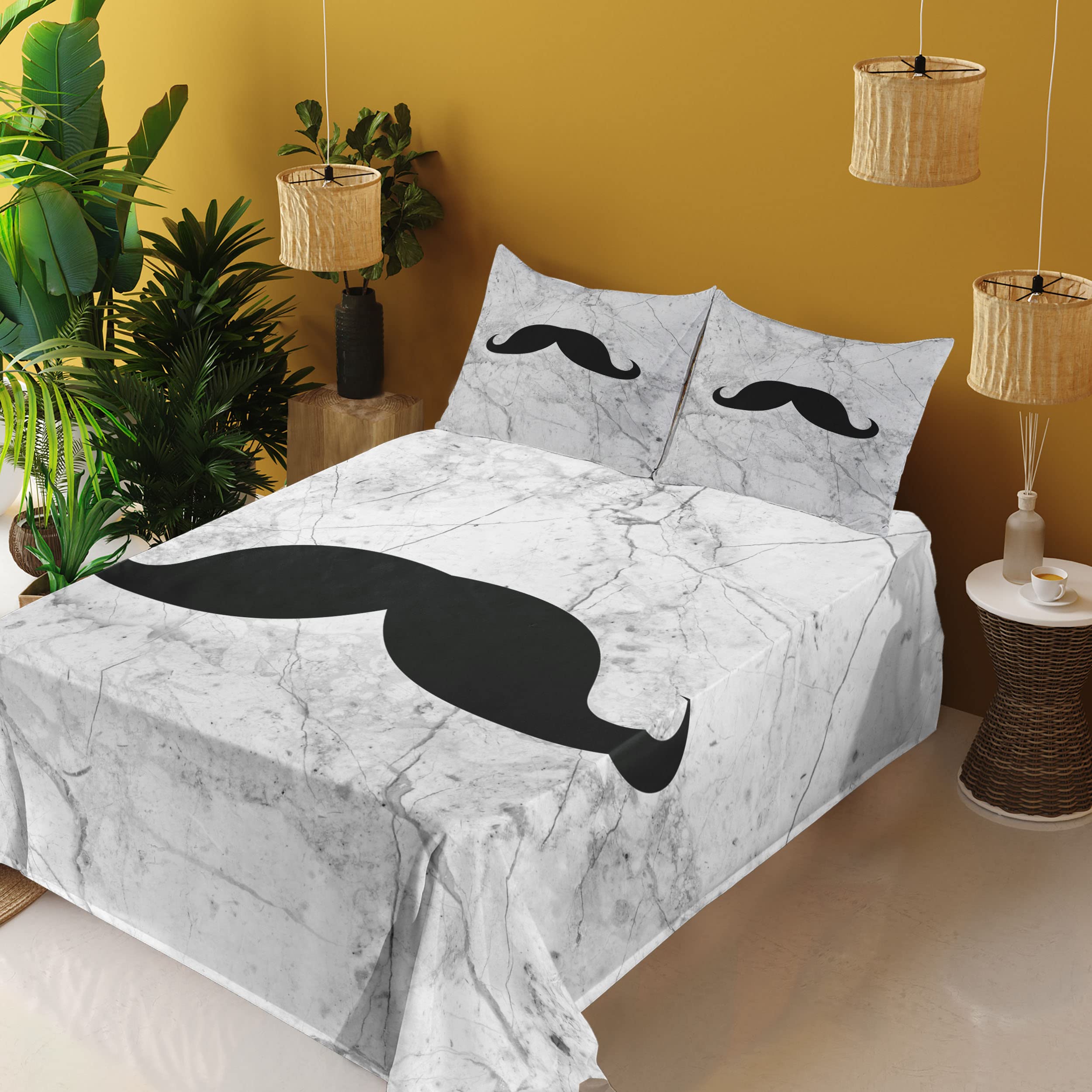Ambesonne Men's Retro Mustache Bed Sheet Set - 3 Piece Twin XL, Grey Black White Marble Print, Fitted & Flat Sheets with Pillowcase | Durable Cotton Blend for Modern Bedroom, Guest Room & College Dorm Decor