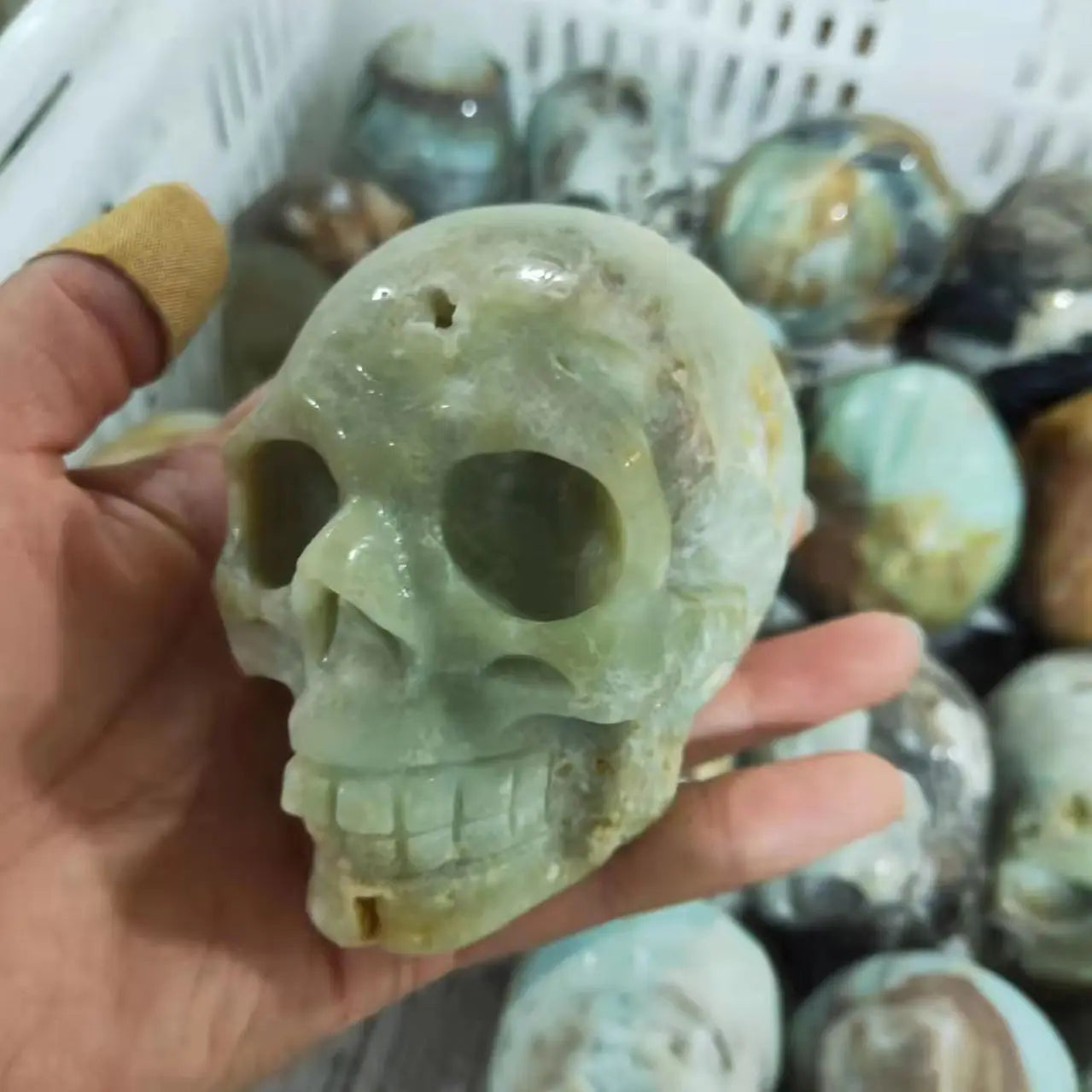 Natural Sky Blue Calcite Quartz Crystal Hand Carved Skull - 500-700g Healing Stone for Reiki, Meditation & Home Decor - Unique Spiritual Decor for Altars, Offices & Gift Giving