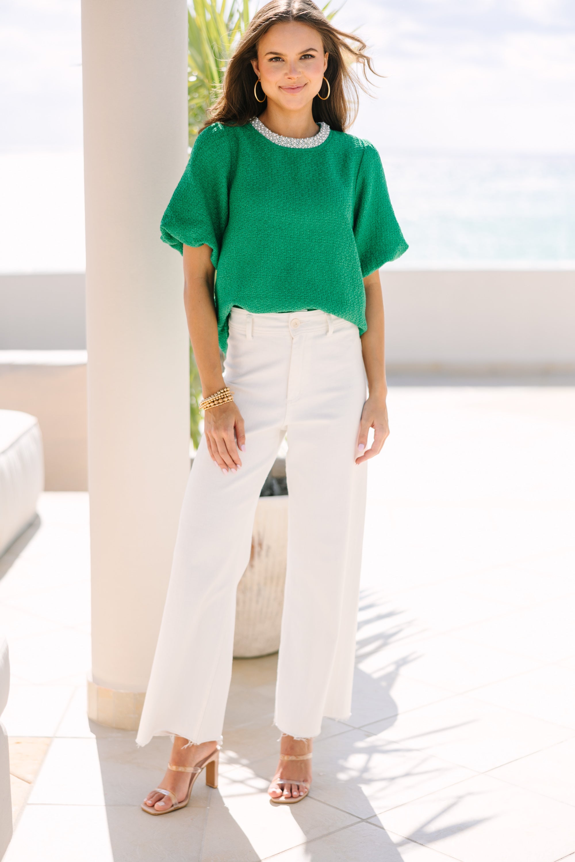 Stylish Kelly Green Tweed Blouse for Women - Elegant Office Wear & Casual Outfits - Perfect for Work, Dates & Special Occasions