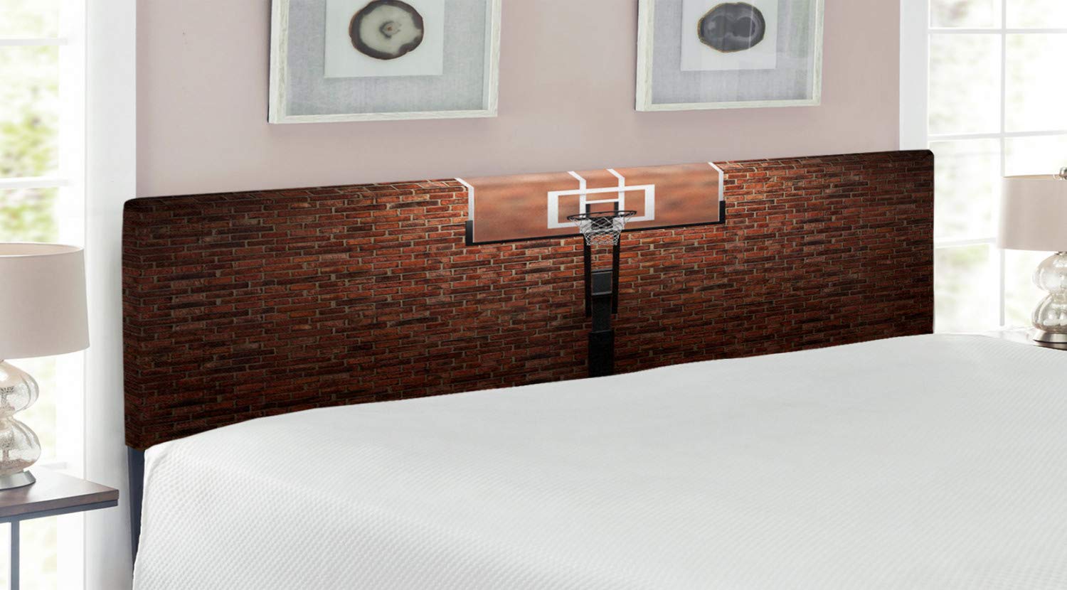 Ambesonne King Size Basketball Headboard - Vintage Brick Wall & Hoop Design Upholstered Bed Frame with Memory Foam (Brown) | Perfect for Sports-Themed Bedrooms, Man Caves & Basketball Fan Decor