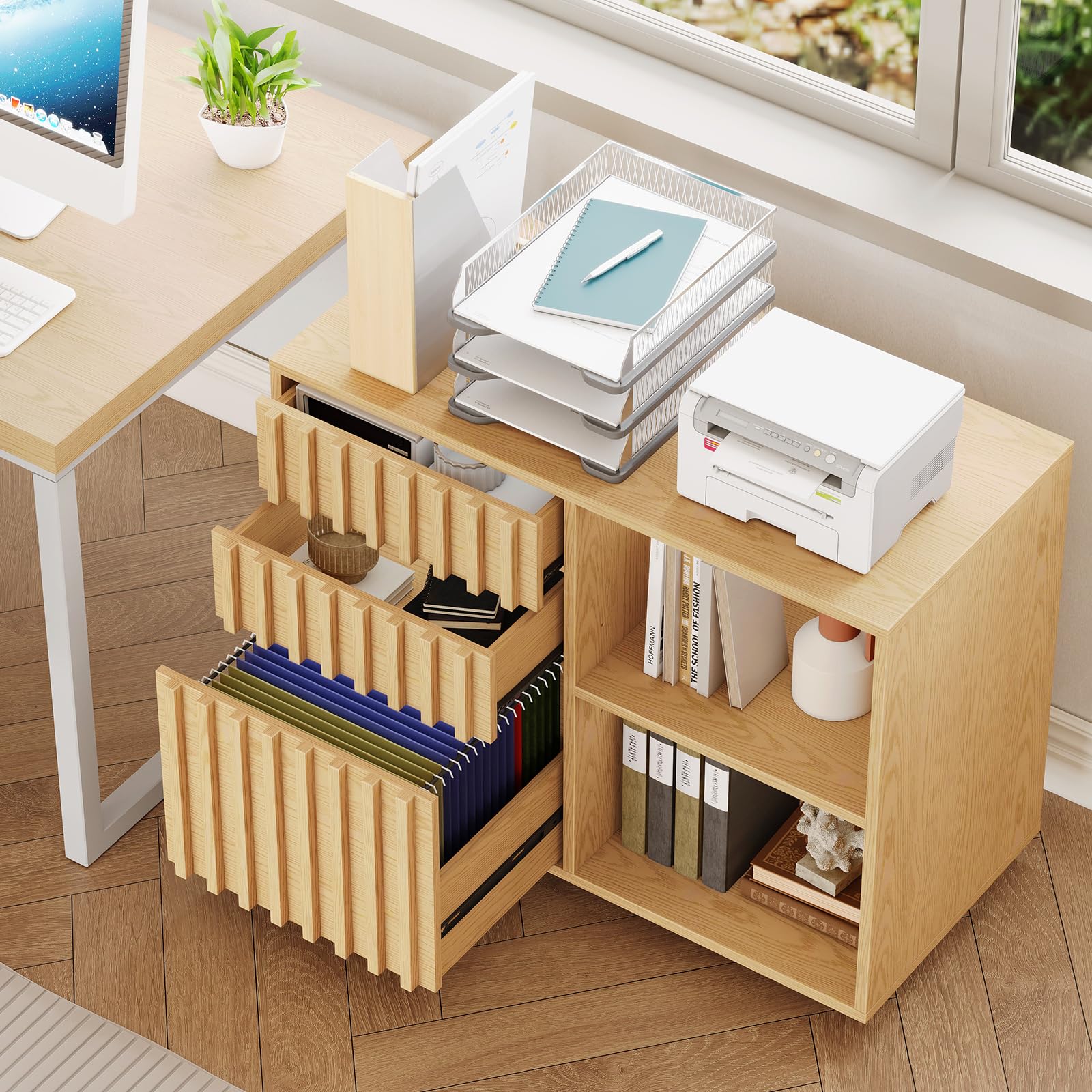 3 Drawer Wooden File Cabinet with Adjustable Shelf - Fluted Lateral Filing Cabinet for Letter & A4 Size Documents - Natural Oak Home Office Storage Solution - Perfect for Organizing Files, Printer Stand & Office Supplies in Workspaces