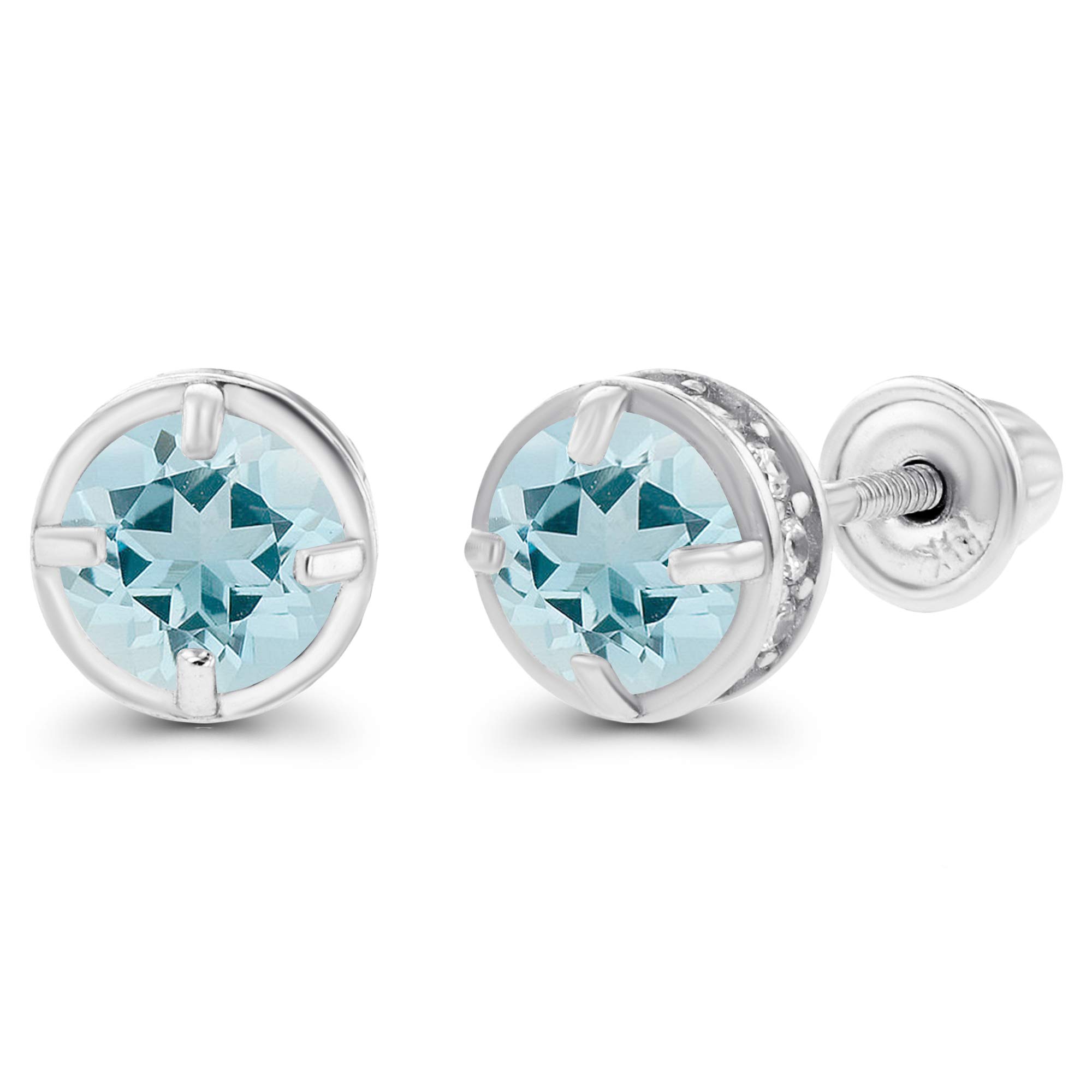 14K Solid Gold 5mm Round Natural Birthstone Screwback Stud Earrings for Women | Genuine Birthstone & White Sapphire Basket Earrings | Perfect for Birthdays, Anniversaries & Everyday Elegance