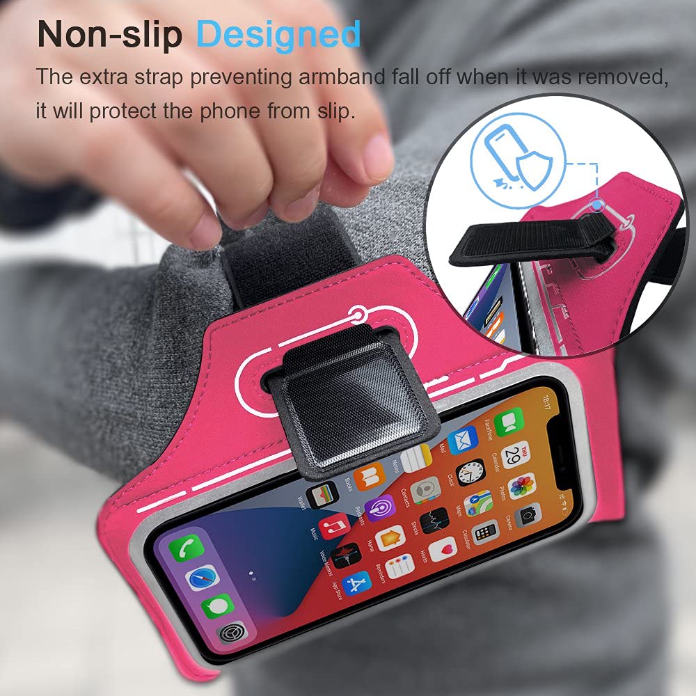 JEMACHE Running Armband for iPhone 16 15 14 13 12 Pro & Samsung Galaxy S25 S24 S23 S22 S21 - Adjustable Workout Armband with Earphone Holder & Sweatproof Design (Rosy Pink) - Perfect for Jogging, Gym Workouts & Outdoor Activities