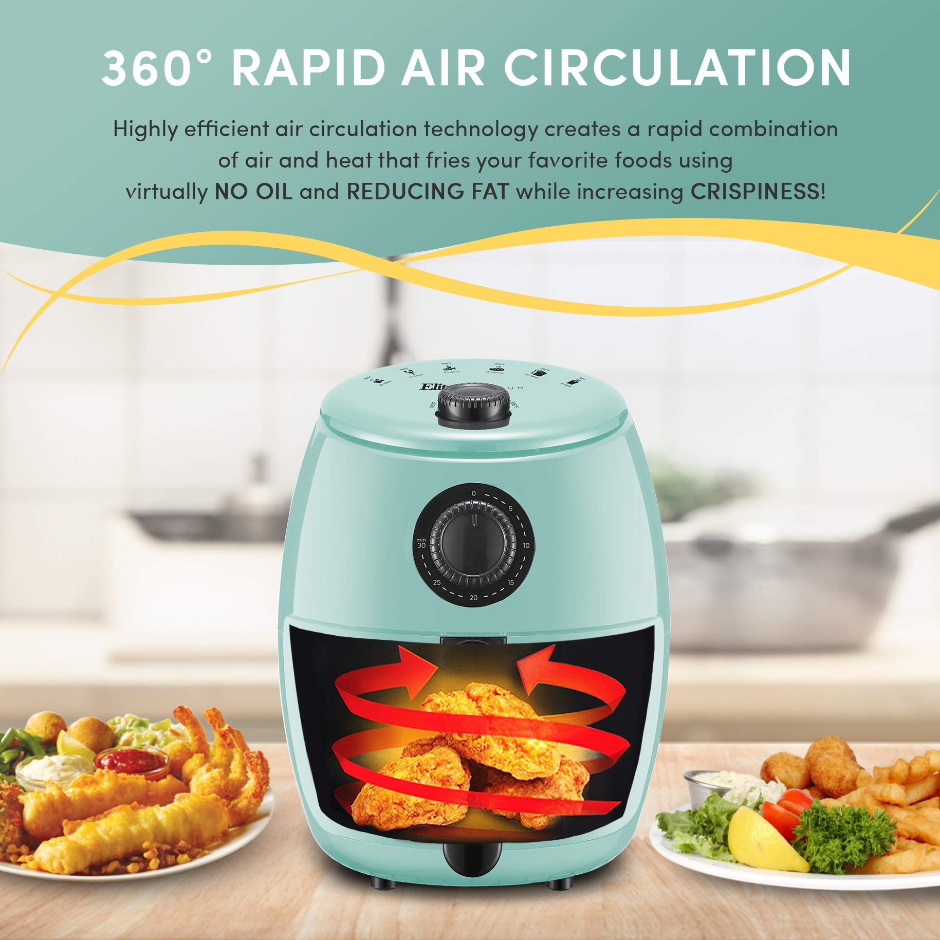 Elite Gourmet EAF-0201BL 2.1 Quart Electric Air Fryer - Oil-Free Healthy Cooking, 1000W, Compact Space Saving Design, Adjustable Timer & Temperature Control, Mint Green - Perfect for Small Kitchens, Dorms & Healthy Meal Prep
