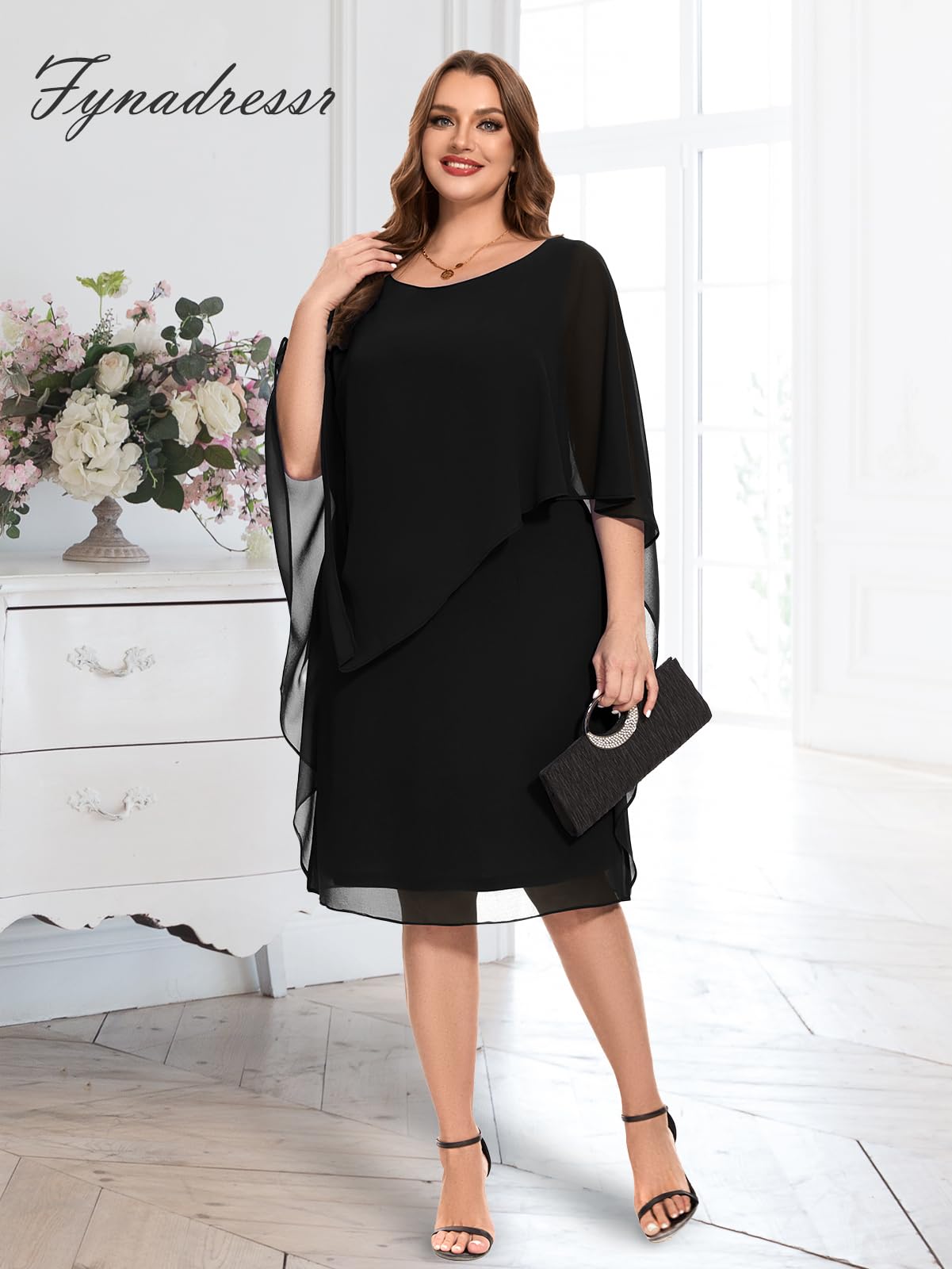 Plus Size Women's Chiffon Cape Dress - Sleeveless Elegant Cocktail & Wedding Guest Dress for Special Occasions | Perfect for Parties, Evening Events & Formal Gatherings
