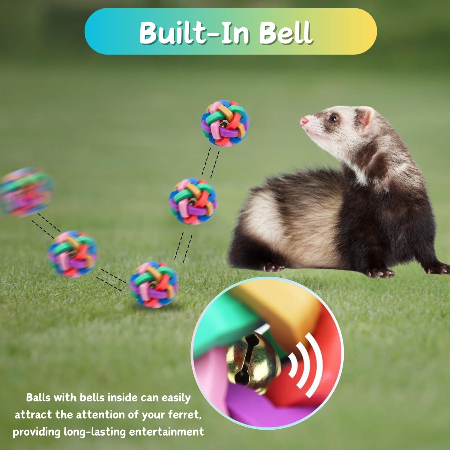 4 Pack Ferret Toys - Colorful Bouncy Rubber Balls with Built-in Bell, Interactive Sound Toys for Ferrets, Cats & Dogs - Teeth Grinding, Exercise & Play - Perfect for Indoor Pets & Playtime Fun