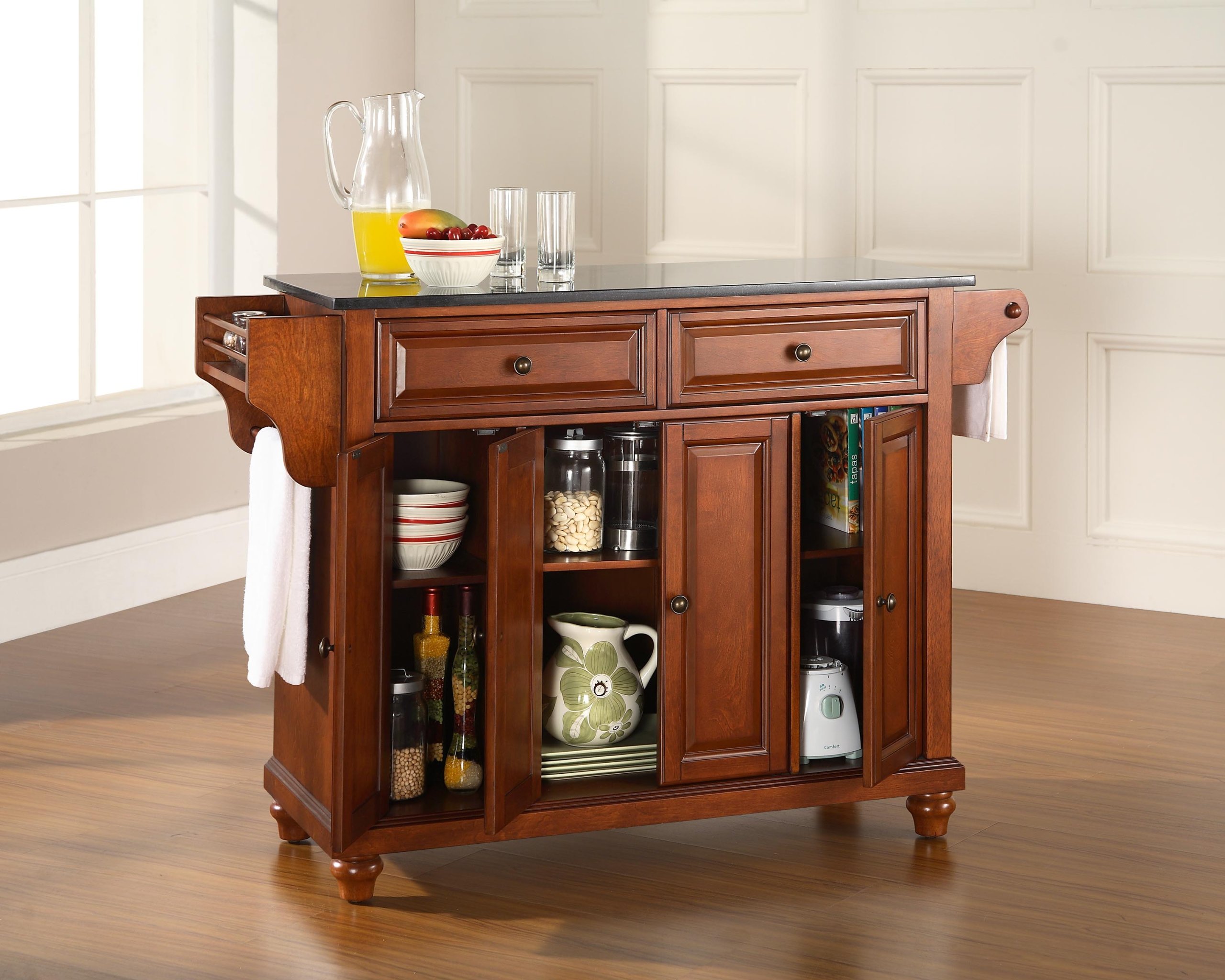 Crosley Cambridge Granite Top Rolling Kitchen Island with Storage - Microwave Stand, Spice Rack, Cherry Finish | Perfect for Small Kitchens, Pantry Organization & Mobile Food Prep Station