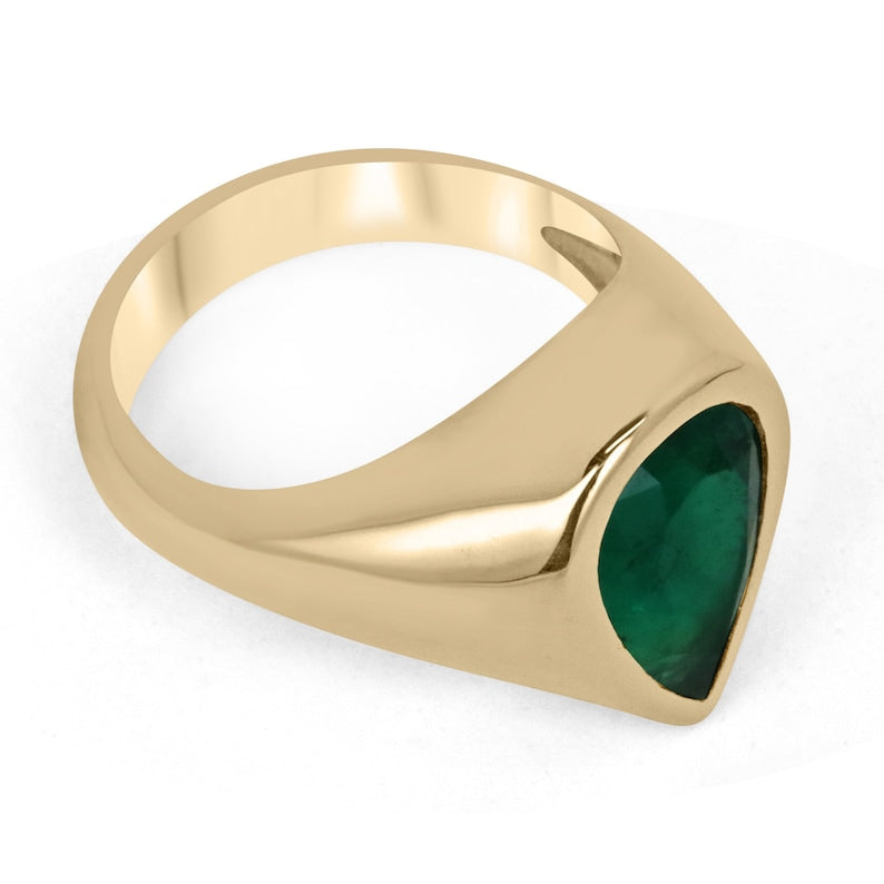 3.55 Carat 18K Gold AAA+ Bezel Teardrop Gypsy Colombian Emerald Solitaire Pear Ring for Engagement, Wedding, Anniversary & Special Occasions