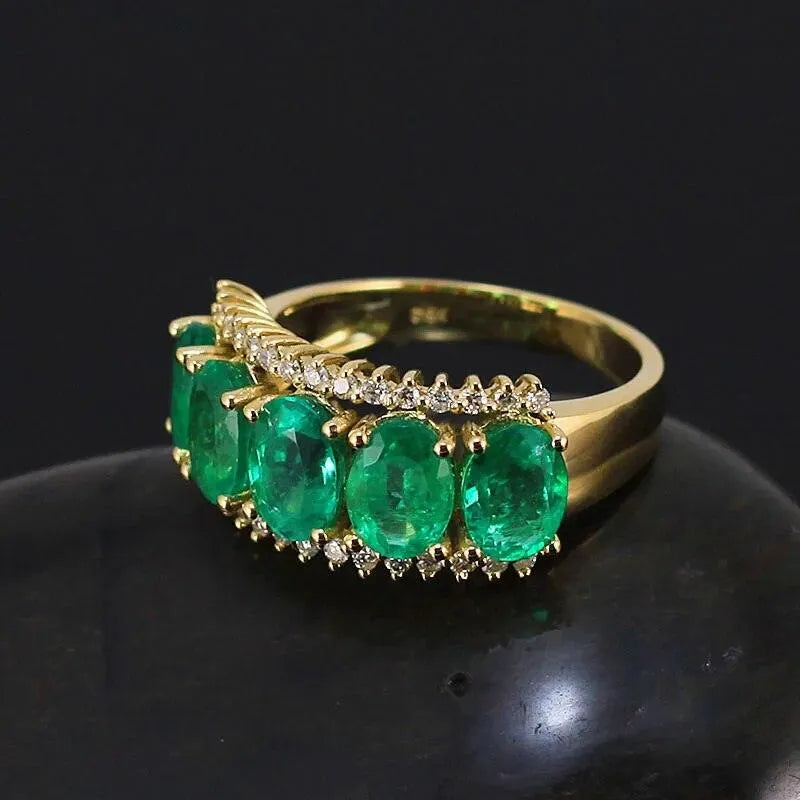 18Kt Solid Yellow Gold Natural Green Emerald Diamond Wedding Ring for Women | Genuine Gemstone Fine Jewelry | Anniversary, Engagement, Party & Special Occasion Gift