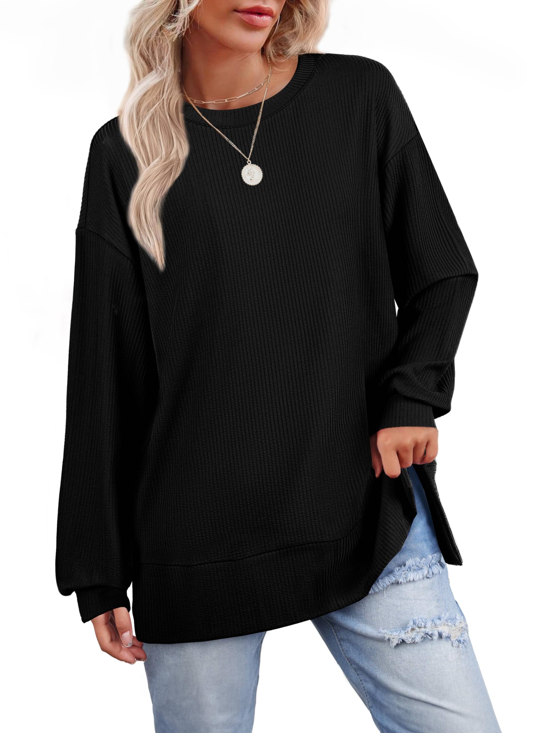 OFEEFAN Women's Long Sleeve Knit Tops - Loose Fit Ribbed Tunic Shirt, Lightweight Casual Blouse for Fall & Winter | Perfect for Office, Layering and Everyday Wear