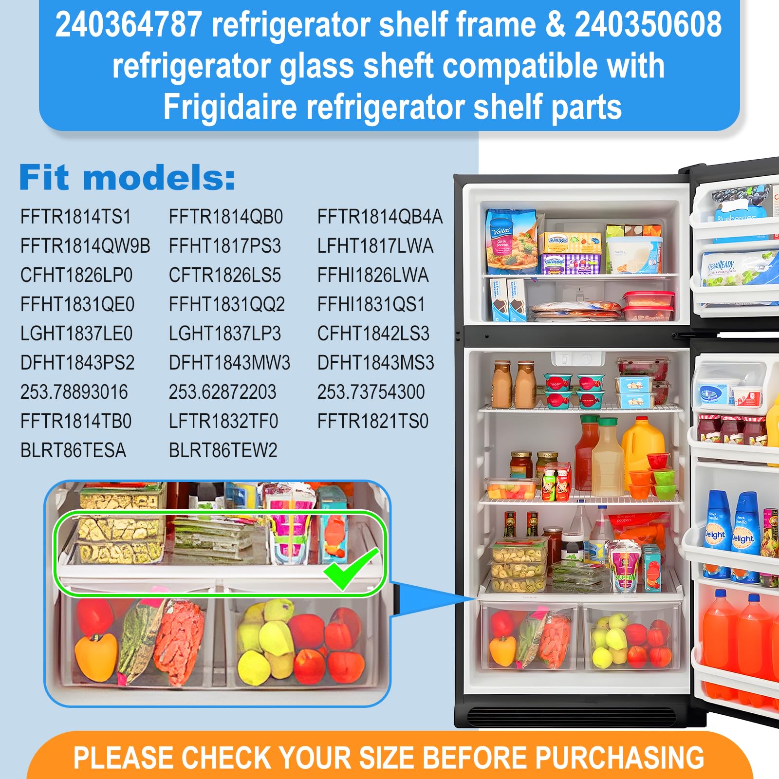 UPGRADED Refrigerator Crisper Drawer Cover with Glass Replacement - Compatible with Frigidaire & Kenmore Fridge Models (240364787 & 240350608) - Durable Fridge Crisper Pan Drawer Cover for Fresh Food Storage & Organization