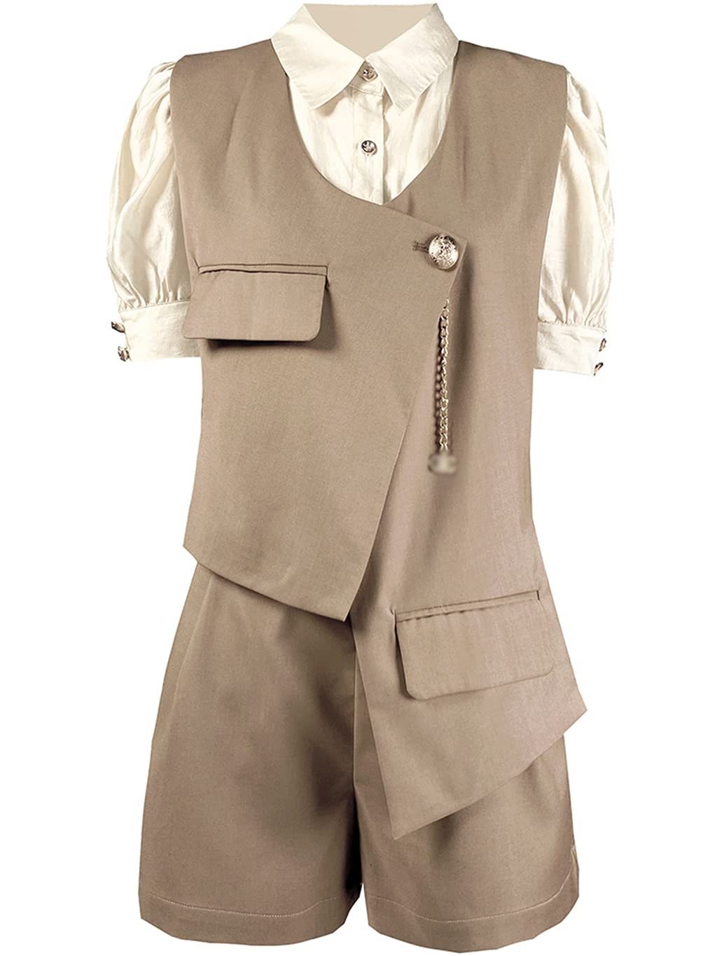WSSBK Summer Hong Kong Style Retro Vest & Shirt Ladies Short-Sleeve Two-Piece Suit - Casual Outfit for Beach, Vacation and Streetwear (Color A, Size L)