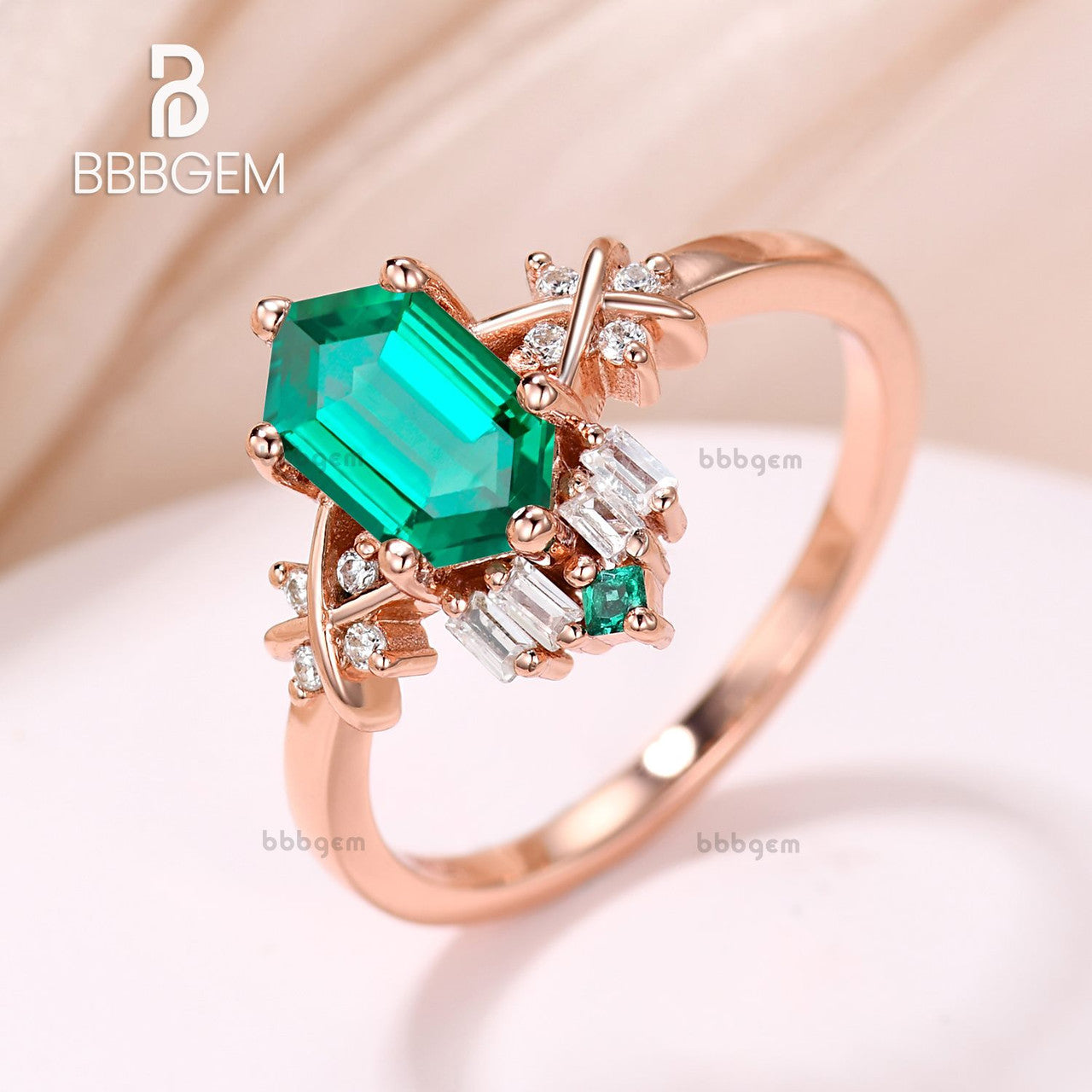 Unique Vintage Hexagon Cut Lab Emerald 14K Rose Gold Diamond Engagement Ring for Women – Perfect for Weddings, Anniversaries & Special Occasions
