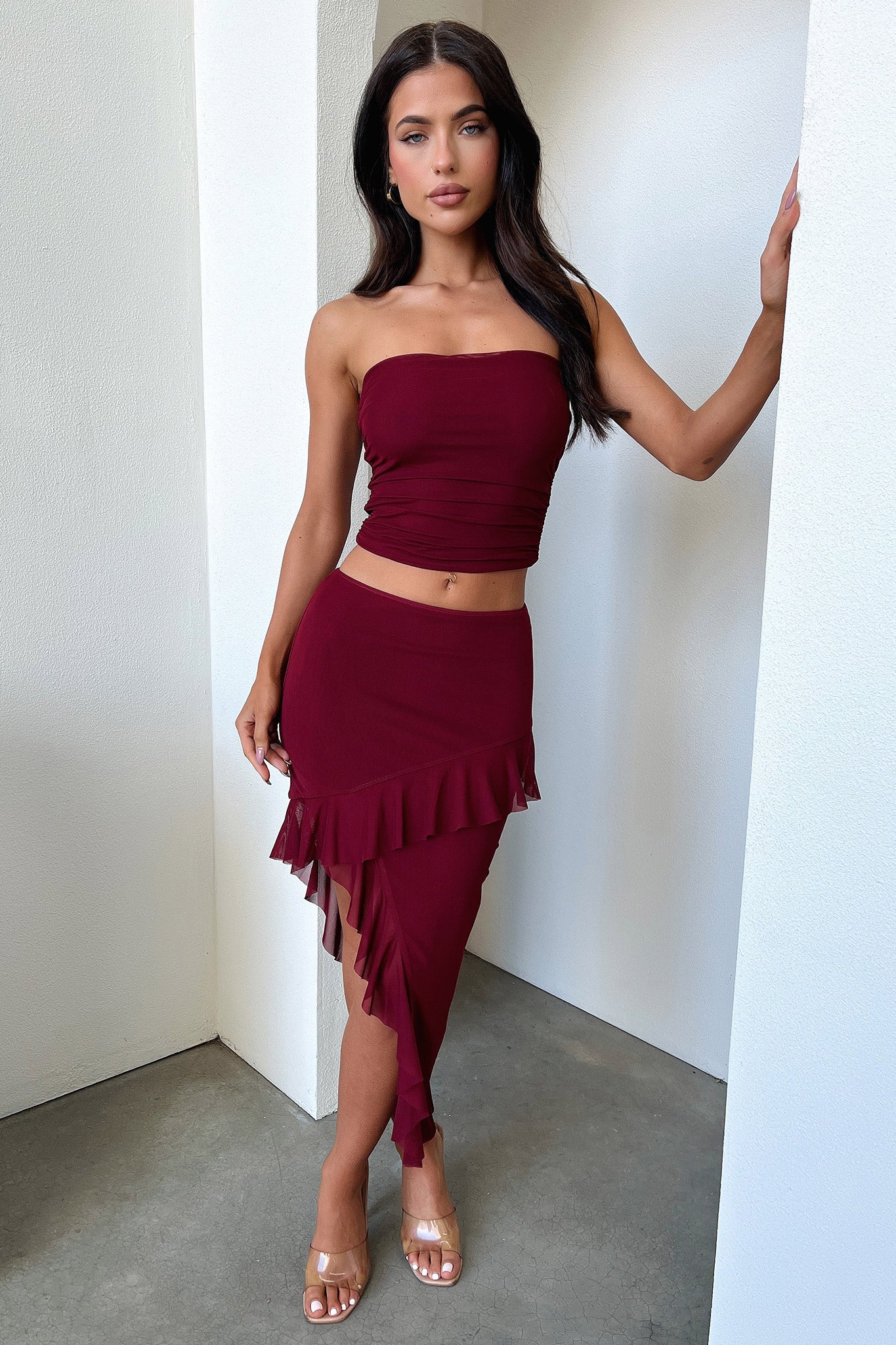 Stylish Cardona Skirt in Deep Red - Elegant A-Line Midi Skirt for Women | Perfect for Office, Date Night & Special Occasions