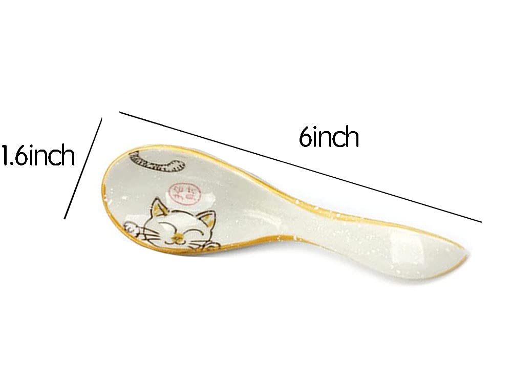 5-Piece Ceramic Soup Spoons Set - Hand-Painted Lucky Cat Design, Perfect for Dessert, Soup & Asian Cuisine | Ideal for Home Dining, Gifts & Restaurant Use