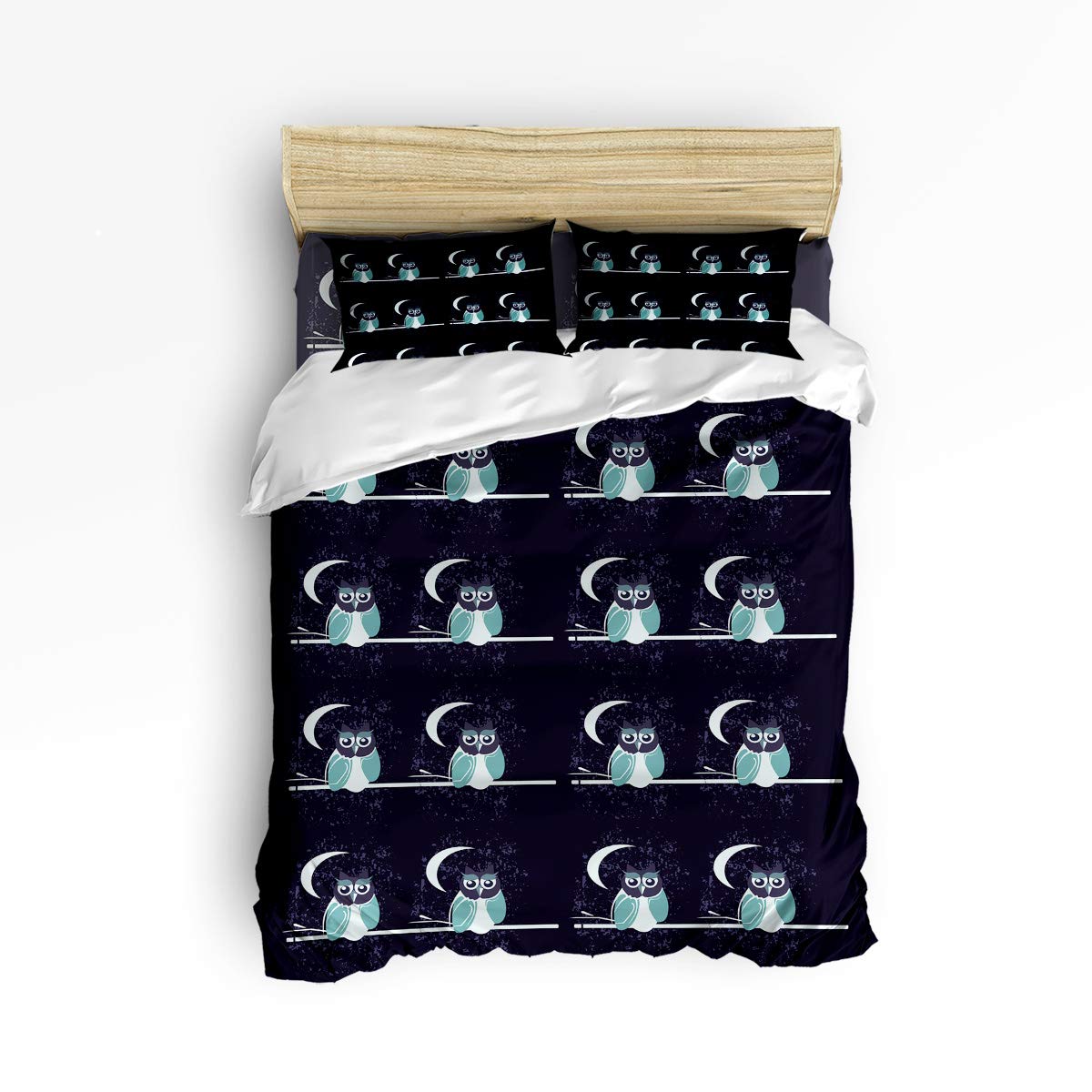Pink Sky King Size Kids Duvet Cover Set - Cute Owl with Moon Night Theme Bedding for Girls & Boys, 4-Piece Set (1 Flat Sheet, 1 Duvet Cover, 2 Pillowcases) - Perfect for Kids' Bedrooms, Sleepovers & Nursery Decor