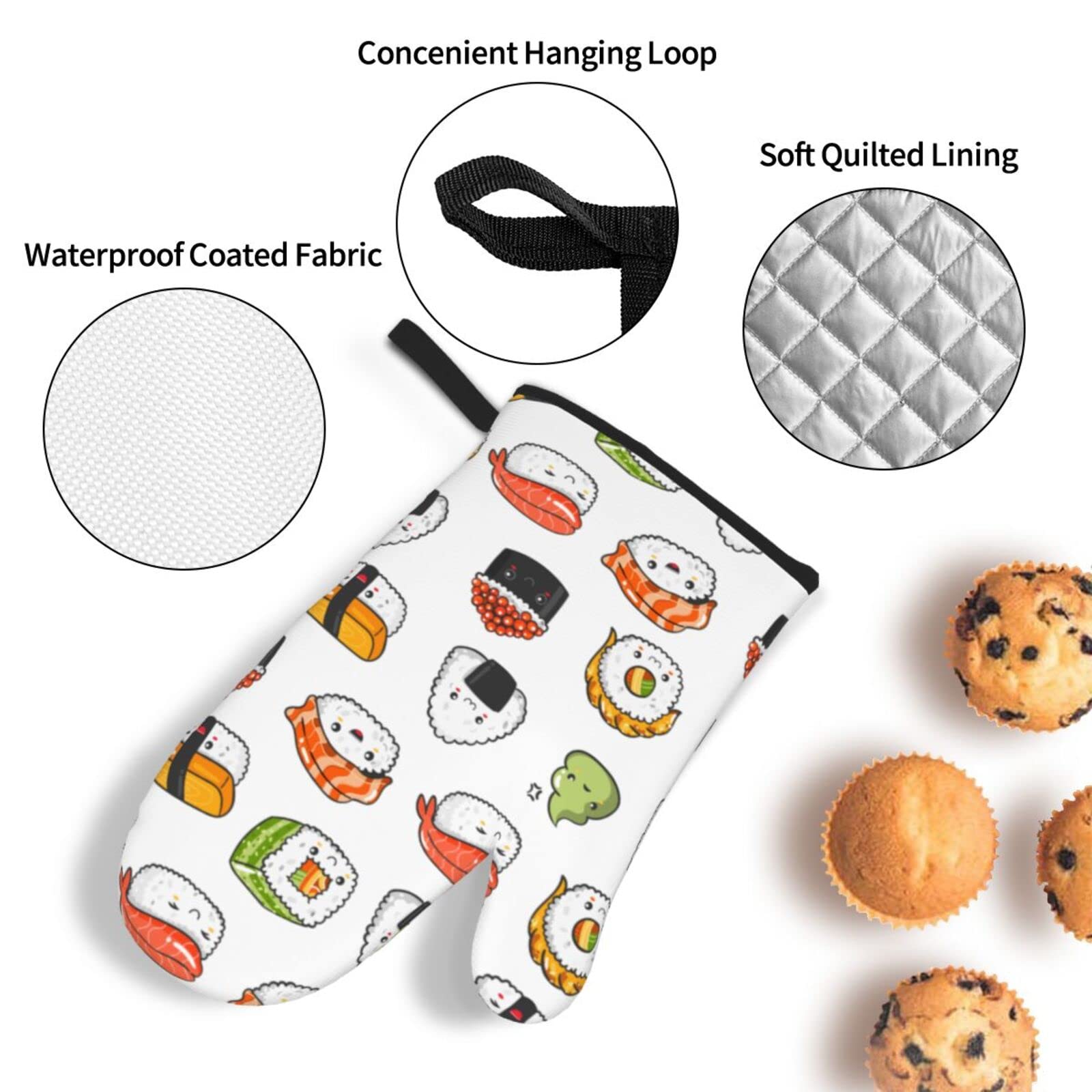 Japanese Kawaii Sushi Oven Mitts & Pot Holders Set of 4 - Heat Resistant Kitchen Gloves for Cooking, Baking, Grilling & BBQ - Perfect for Home Chefs & Sushi Lovers