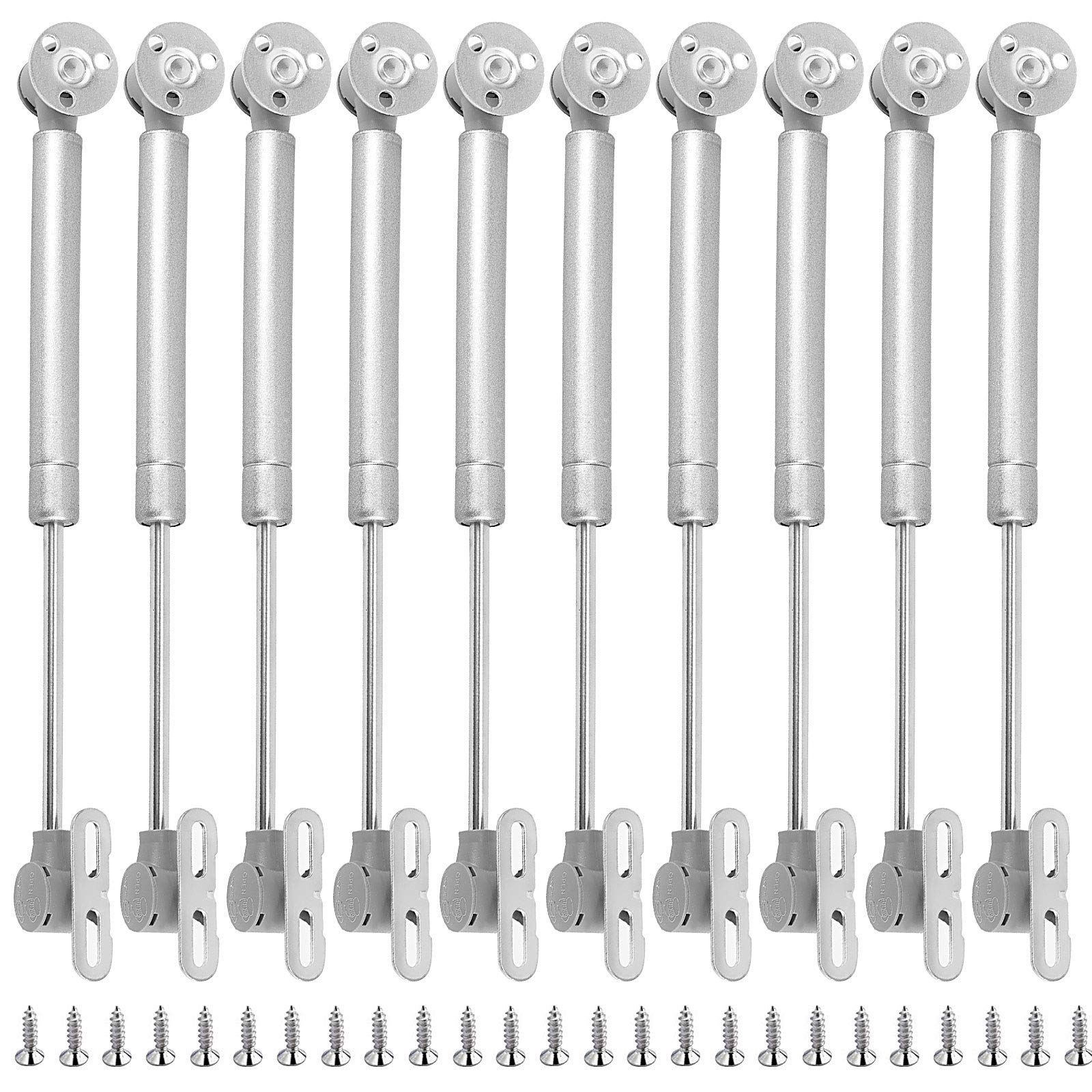 HAKZEON 10 Pack 100N/22.5LB Hydraulic Cabinet Hinges - Silver Gas Strut Lift Support with 50 Mounting Screws for Kitchen Cupboard, Wardrobe & Furniture Doors (Ideal for Soft-Close Cabinet Installation)