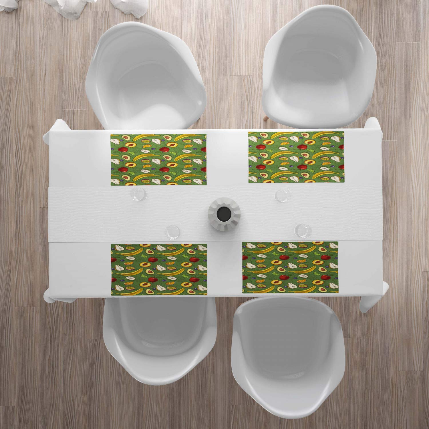Ambesonne 4-Pack Fruit-Themed Placemats - Washable Fabric Dining Table Mats with Avocado, Apple, Banana & Grape Patterns (Standard Size, Peacock Green/Earth Yellow) | Perfect for Kitchen, Breakfast Nook & Outdoor Picnics