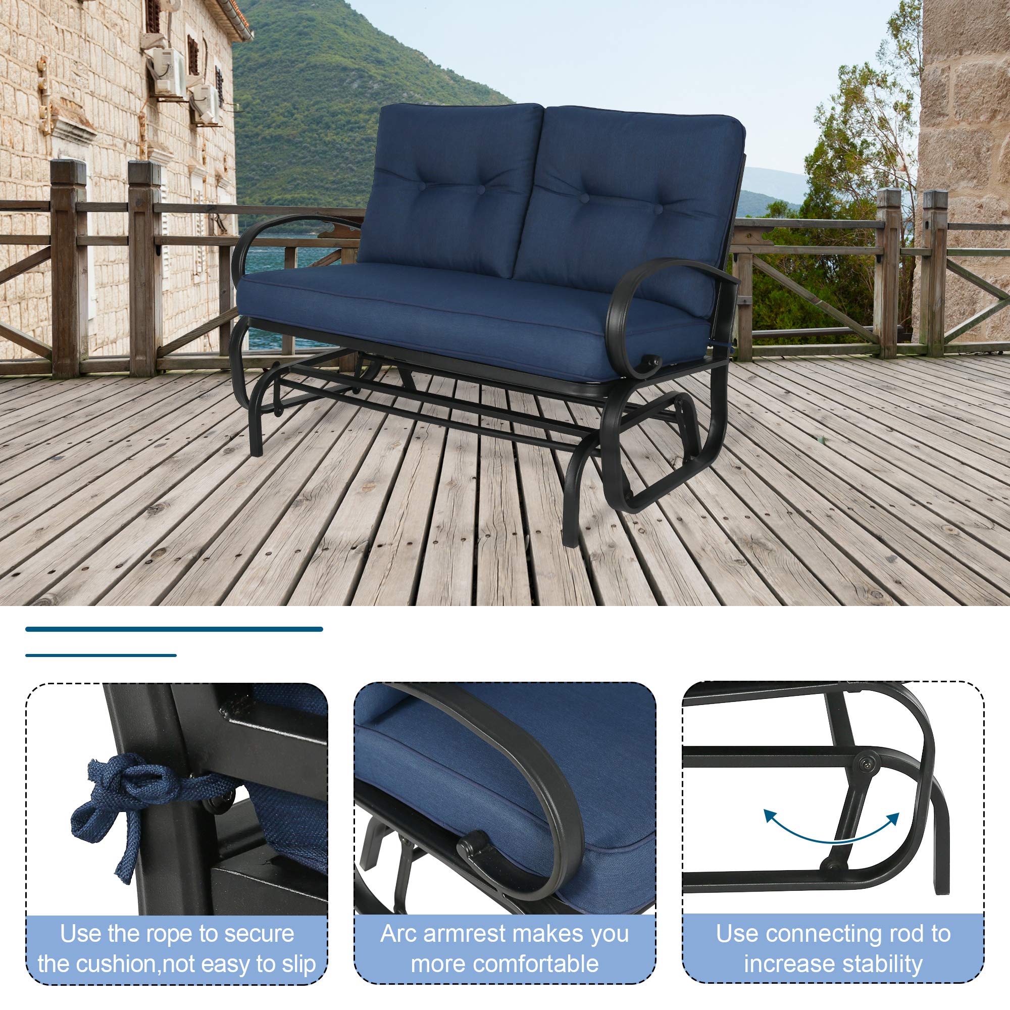 **Outdoor Patio Glider Bench Swing Chair - Comfortable Rocking Loveseat with Cushions (Navy Blue) - Perfect for Garden, Backyard, and Porch Relaxation**