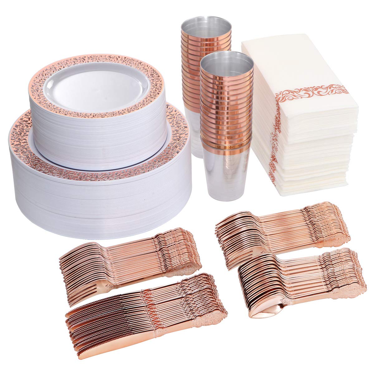 50-Piece Rose Gold Plastic Dinnerware Set for Parties - 100 Disposable Plates, 150 Silverware (50 Forks, 50 Knives, 50 Spoons), 50 Cups with Paper Straws & Napkins - Elegant Disposable Tableware for Weddings, Baby Showers & Events