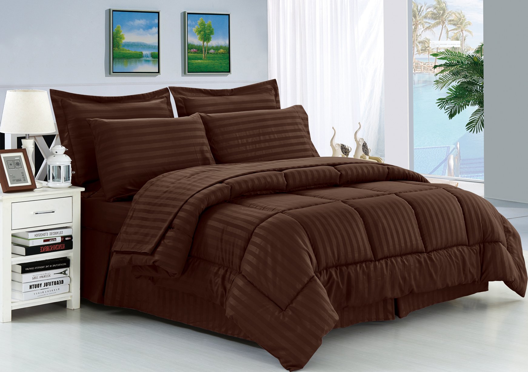 8-Piece All-Season Chocolate Stripe Comforter Set with 2 Pillow Shams, 4 Deep Pocket Sheets (21'' Adjustable) & Bed Skirt - Queen/Full Size for Cozy Bedroom Decor | Perfect for Guest Rooms, Master Bedrooms & Dorm Essentials