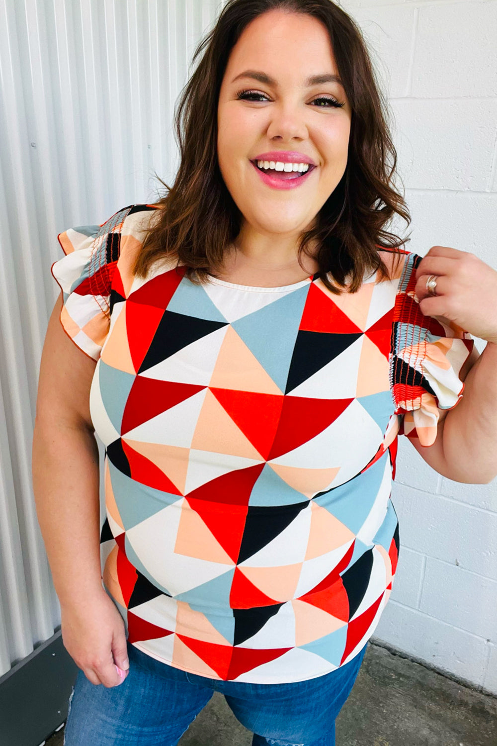 Stylish Burnt Orange Geo Print Smocked Ruffle Sleeve Blouse for Women | Trendy Casual & Party Wear | Perfect for Date Nights, Office Outfits & Summer Fashion