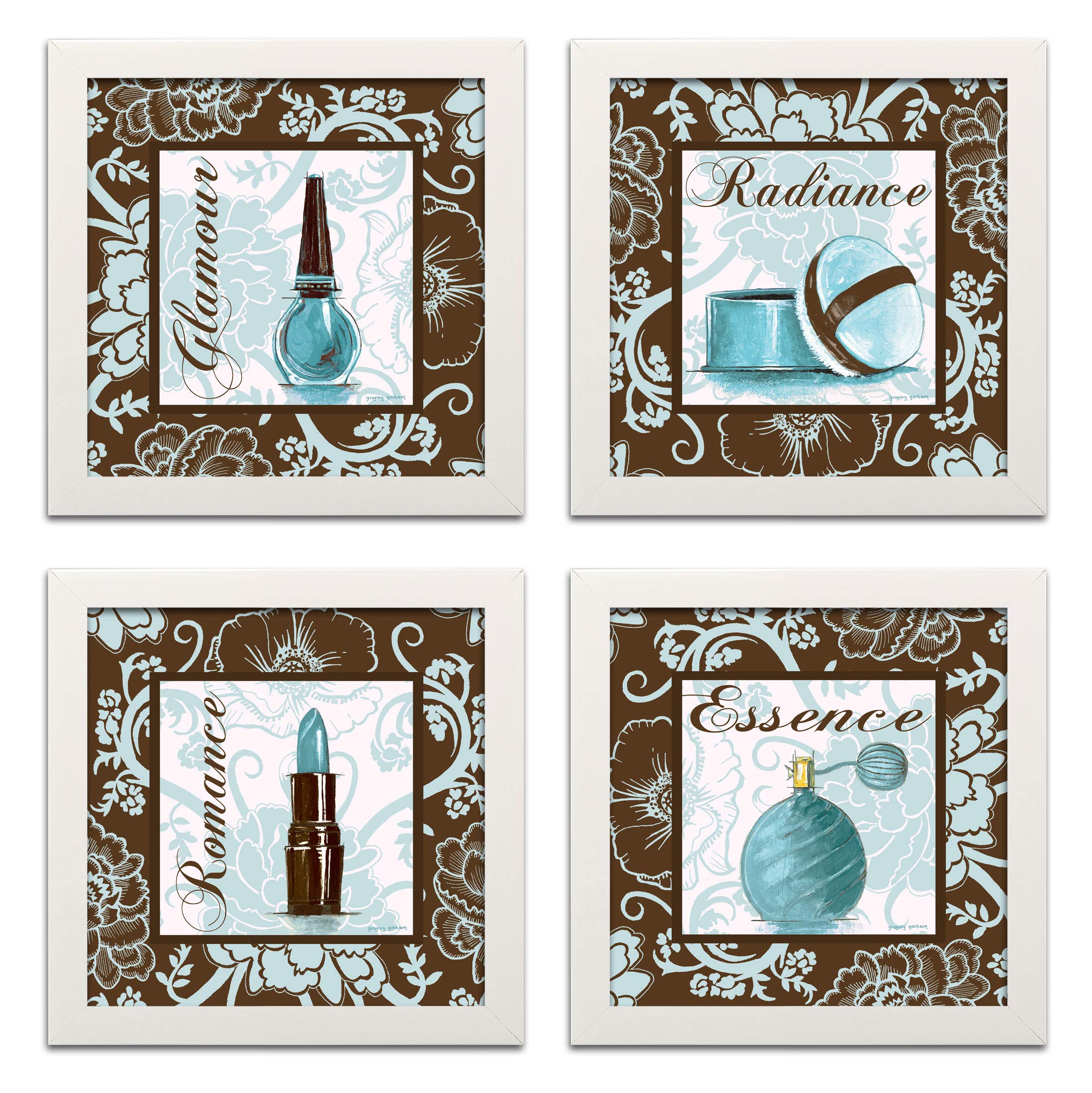 Fashion Pink Romance Makeup Art Print Poster Set by Gregory Gorham - 4 Pack 12x12 Inch White Framed Wall Decor - Ready to Hang - Perfect for Bedroom, Living Room & Salon Decor (Teal/Brown)