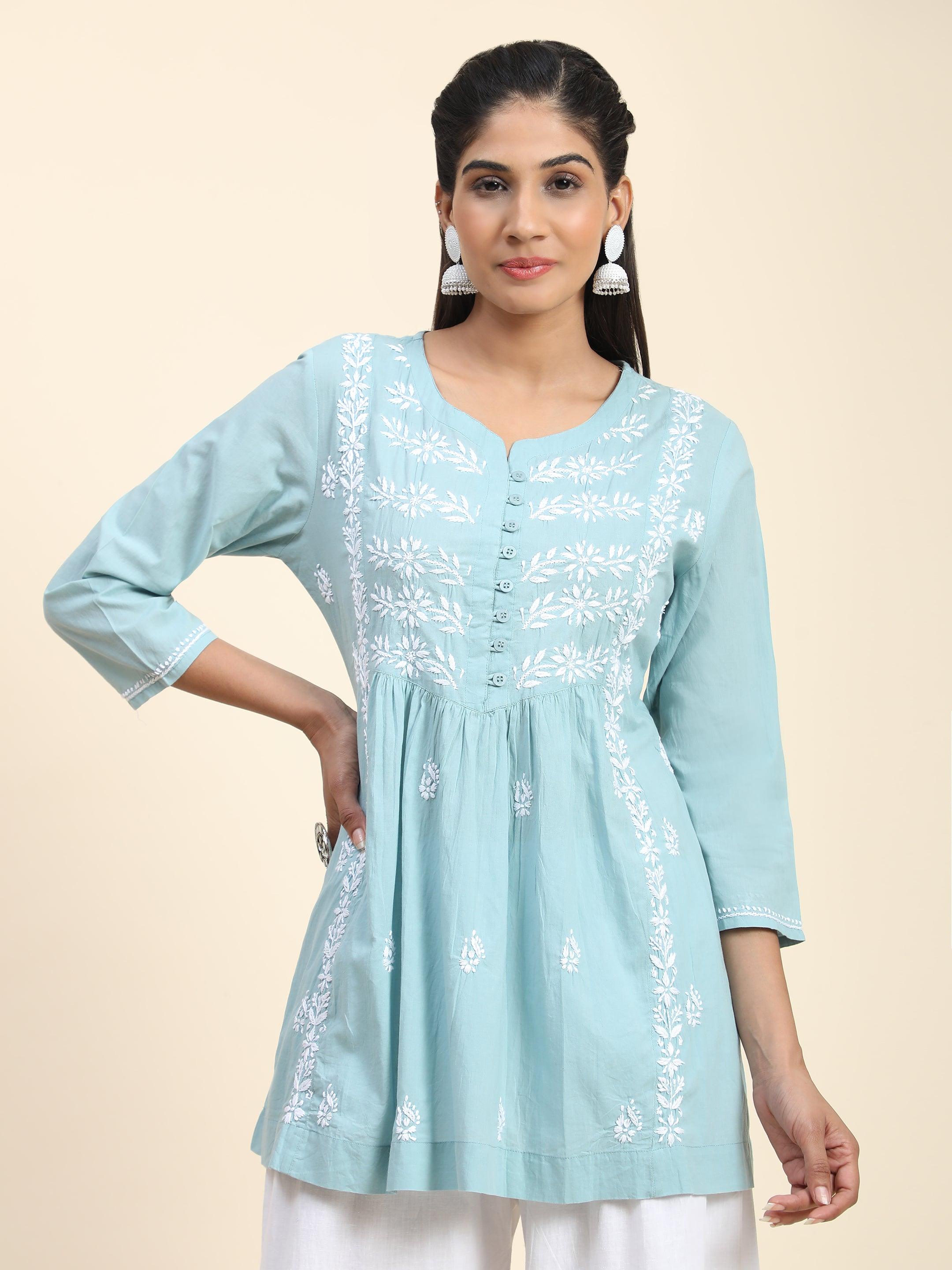 Hand Embroidered Chinakari Short Cotton Tunics for Women - Light Blue Summer Top | Boho Chic Blouse for Casual Wear, Beach Outfits & Vacation Style