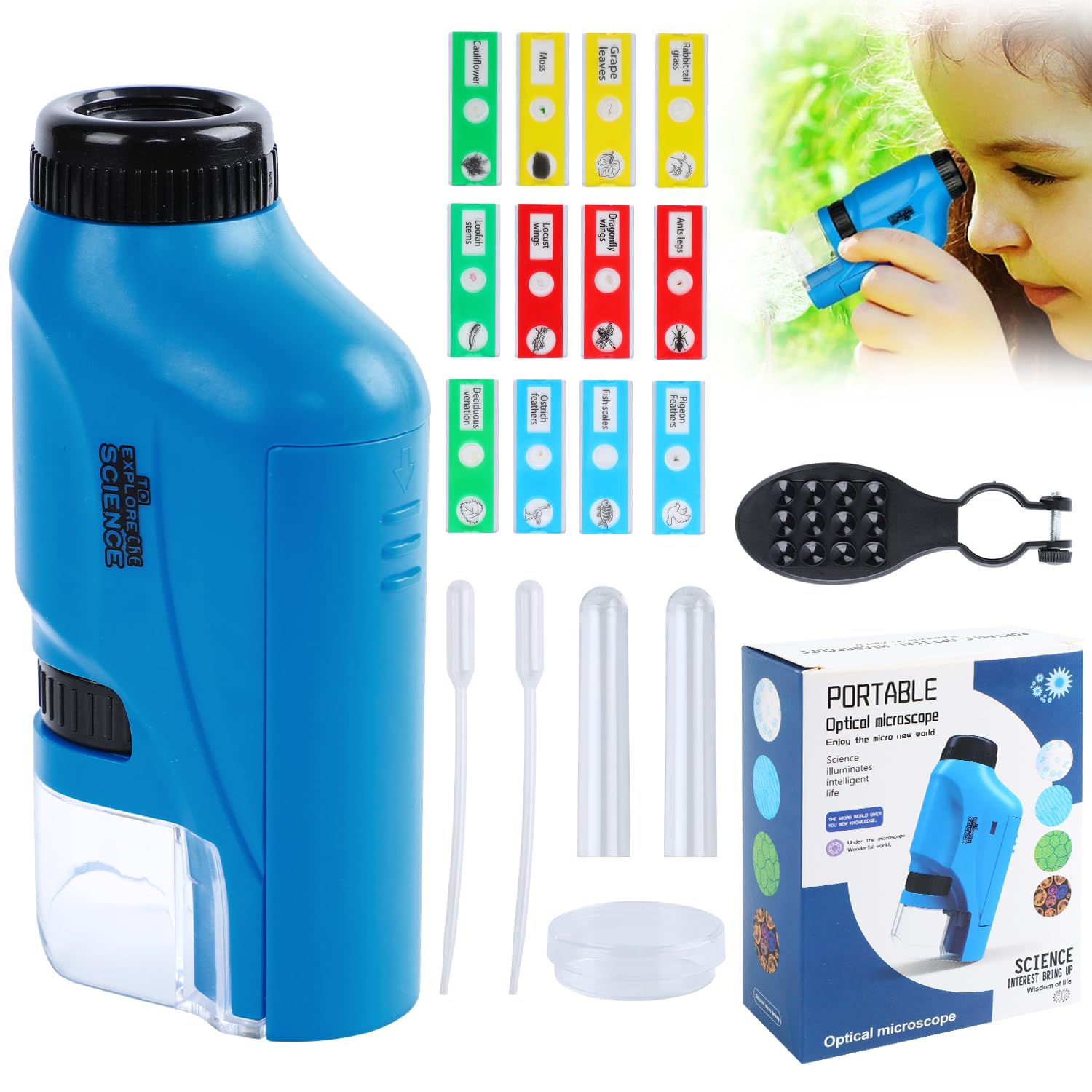 **Little Marvin Kids Microscope - Portable Handheld Mini Microscope with LED Light for Science Exploration, Outdoor Adventures & Classroom Learning (Blue Set)**