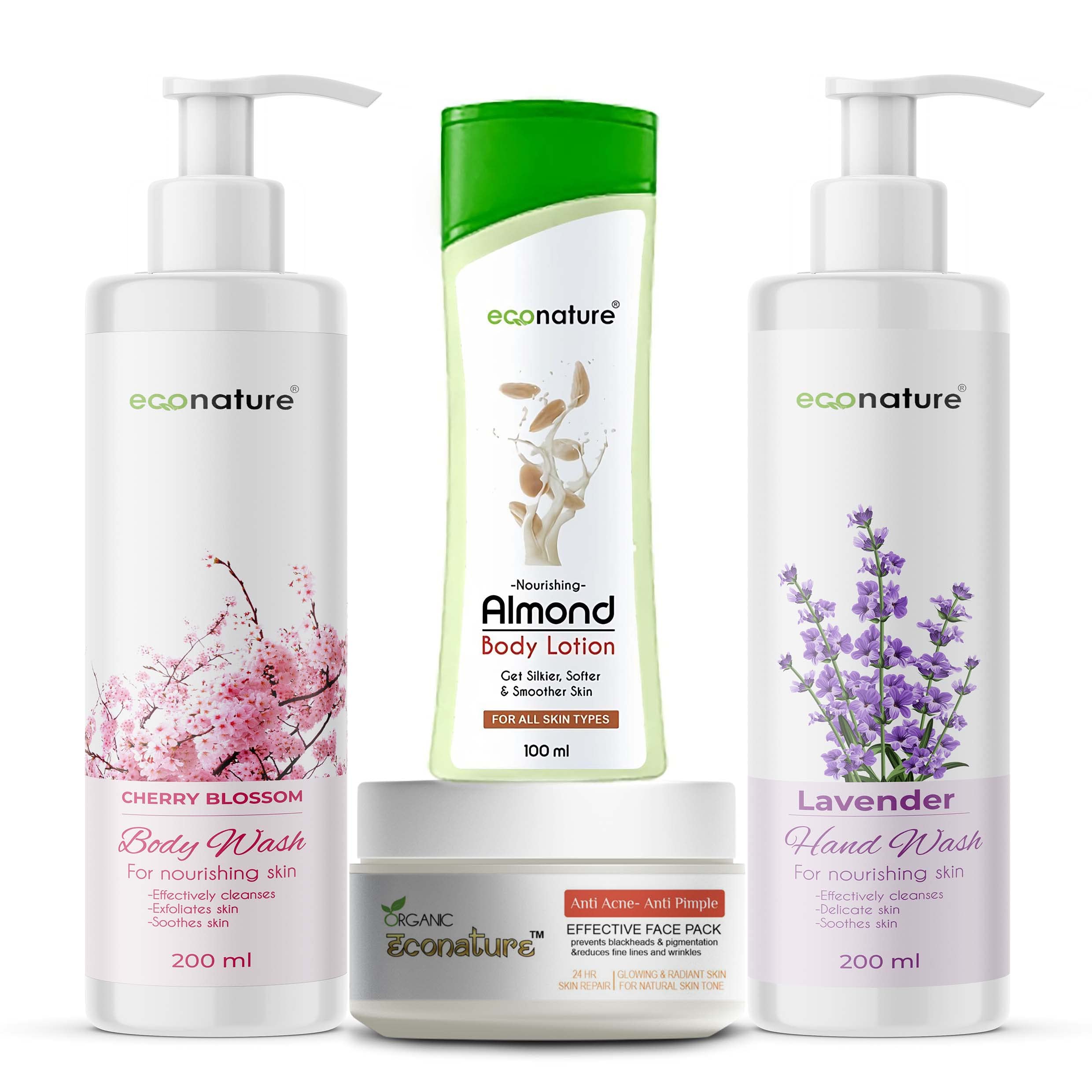 ECONATURE Skin Care Kit (4-Piece) - Body Lotion, Wash & Face Cream for Daily Care