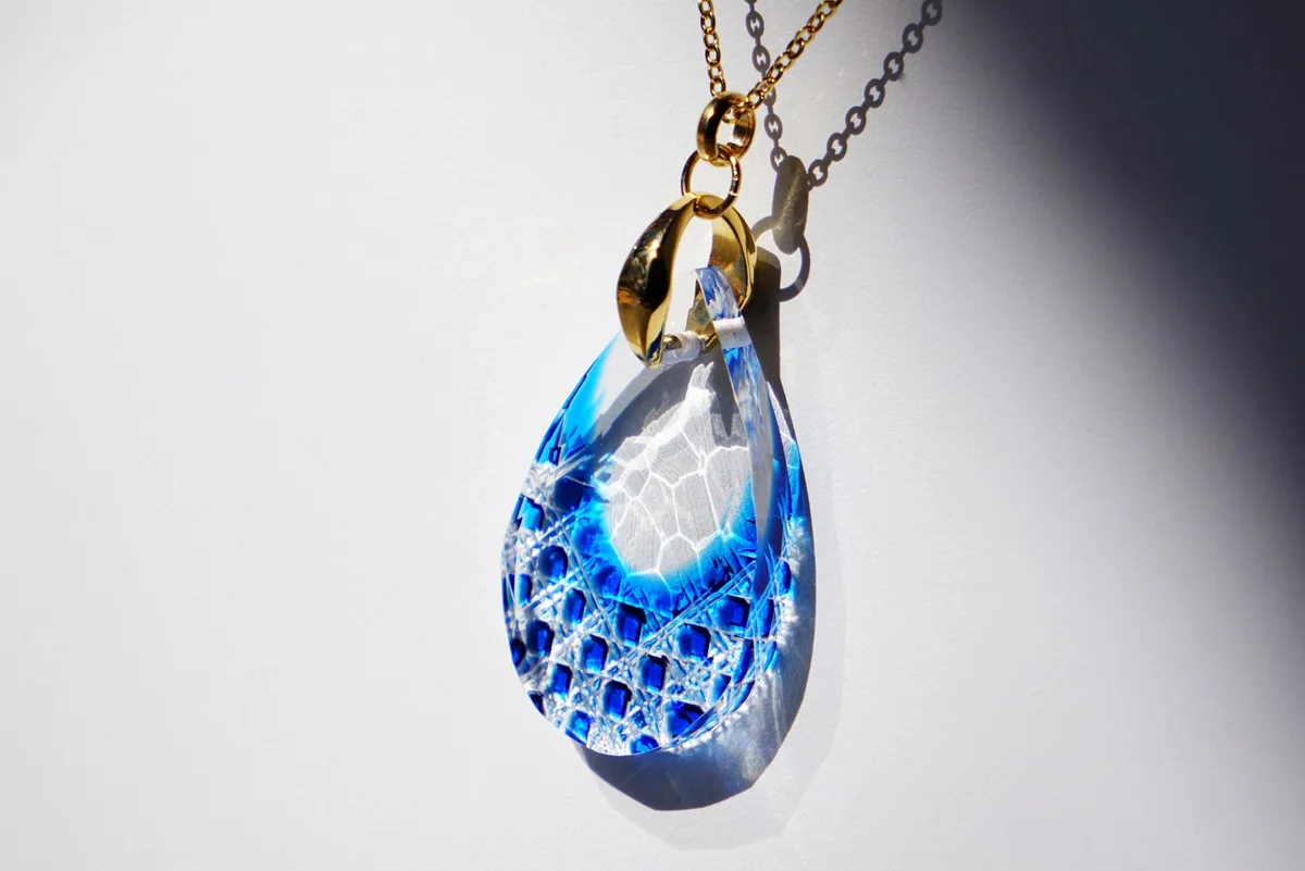 Handmade Kiriko Glass Pendant Necklace - Blue Japanese Artisan Jewelry for Women, Gift for Her, Perfect for Weddings & Special Occasions