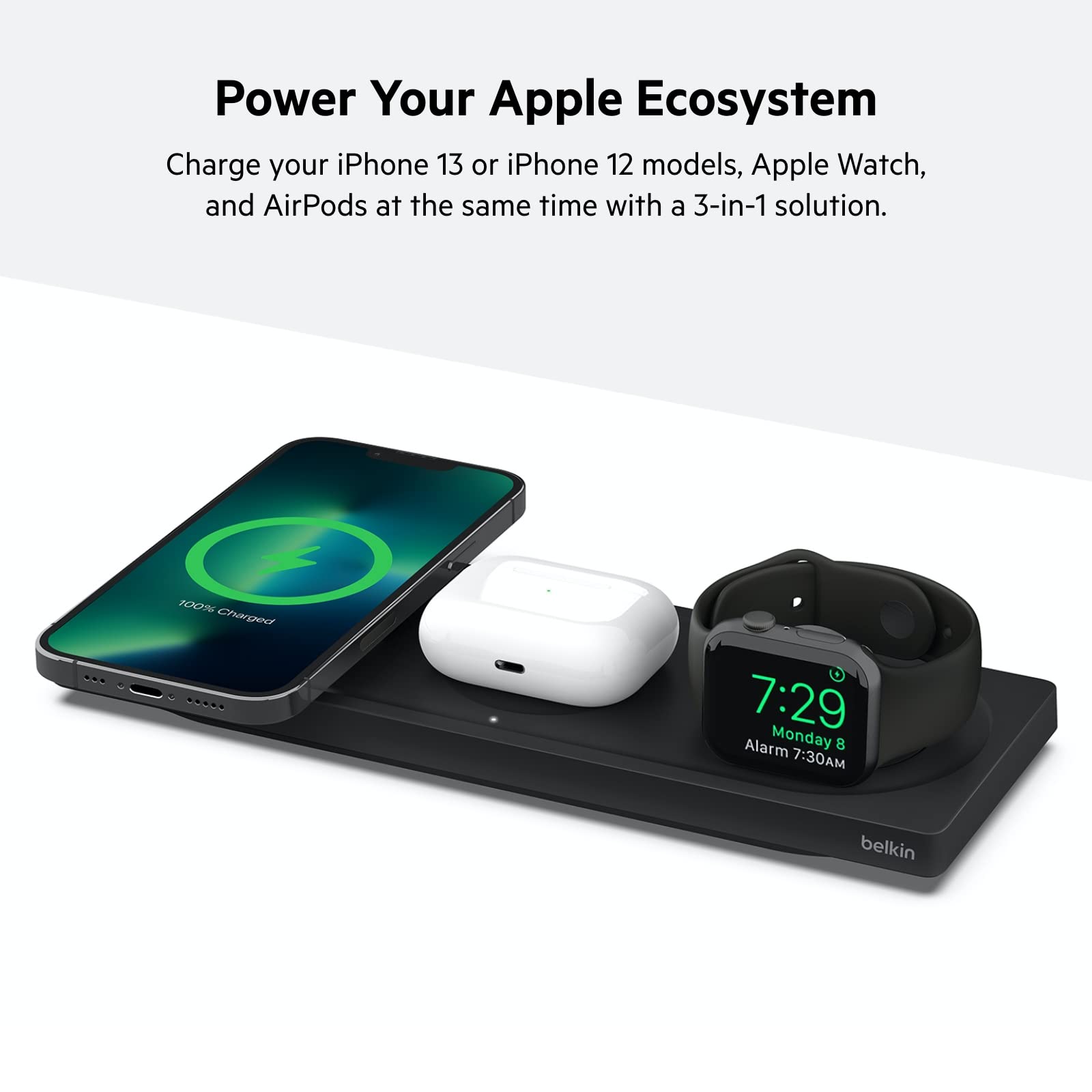 Belkin MagSafe 3-in-1 Wireless Charger for iPhone 16/15/14, Apple Watch & AirPods - Fast Charging Station for Home & Office