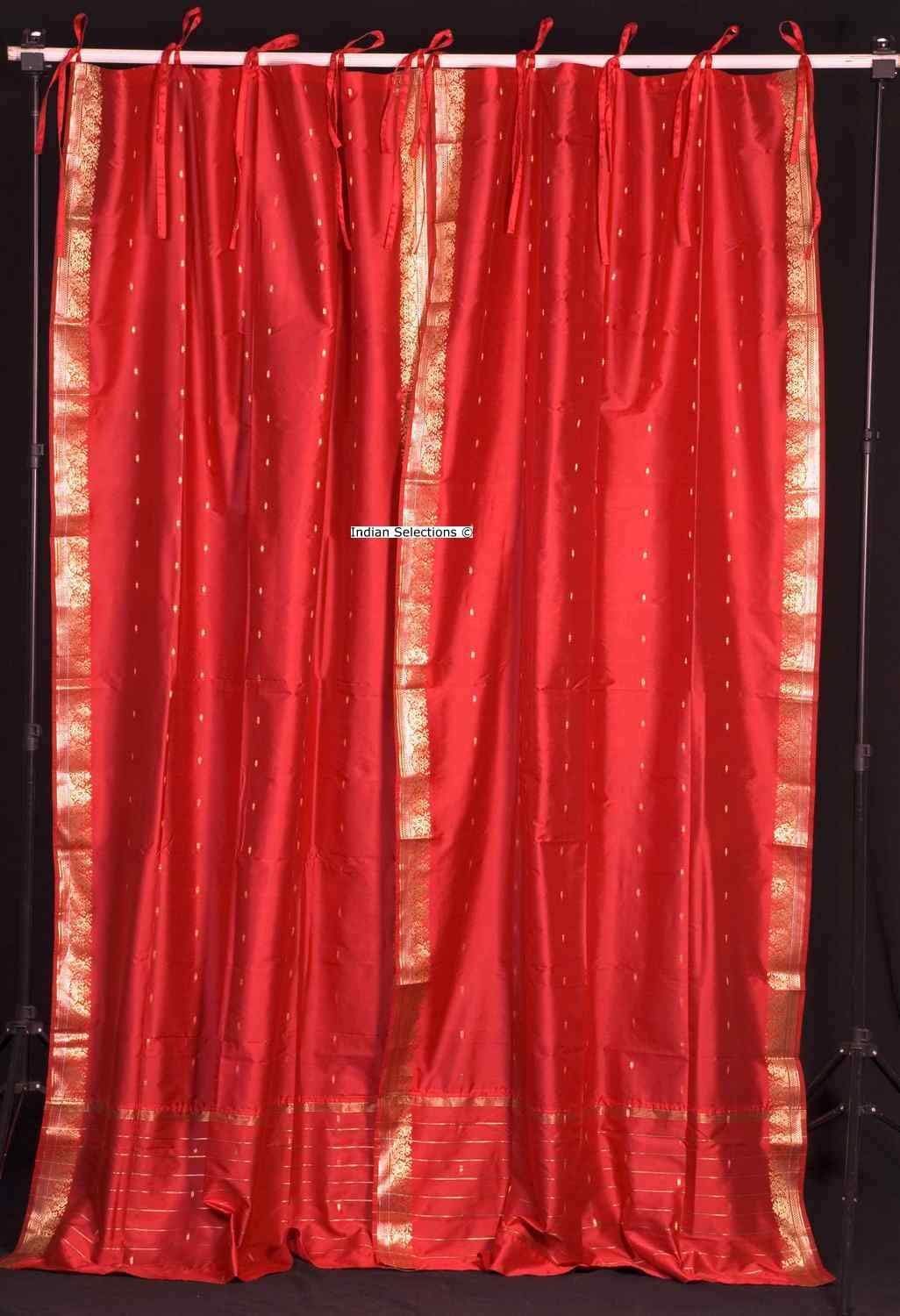 Indian Selections Lined-Fire Brick Tie Top Sheer Sari Curtain Drape - 60W x 120L Inches - Pair of Window Curtains for Living Room, Bedroom & Home Decor
