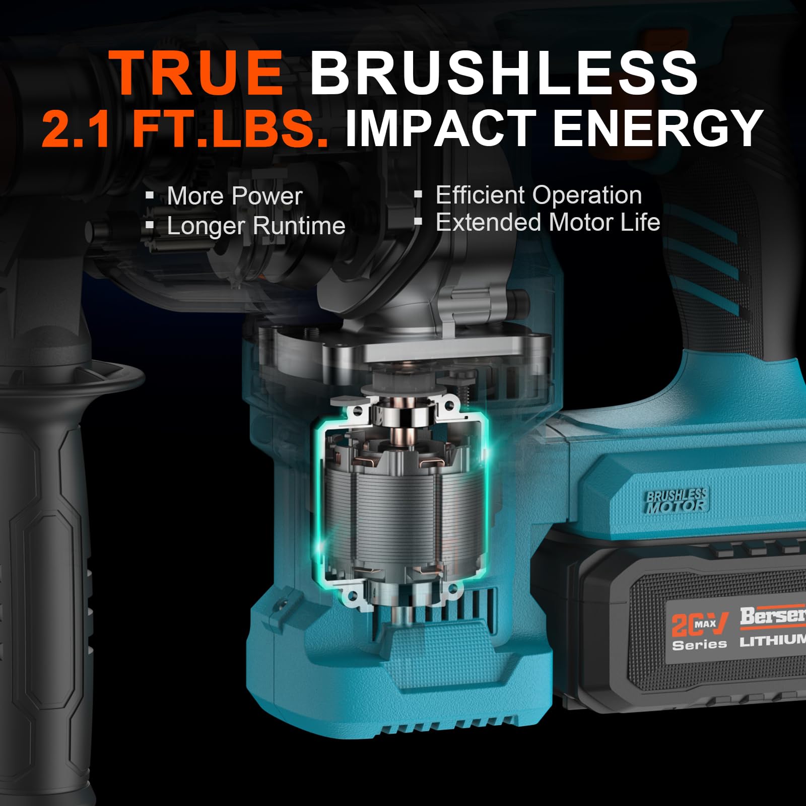 Berserker 20V Cordless Rotary Hammer Drill with SDS-Plus - 1-1/8 Inch, Brushless Motor, 2X4.0Ah Li-ion Batteries, Dual Kickback Control, 3.0A Fast Charger, 4-Speed Variable - Perfect for Concrete Drilling, Masonry Work, and Home Renovation Projects