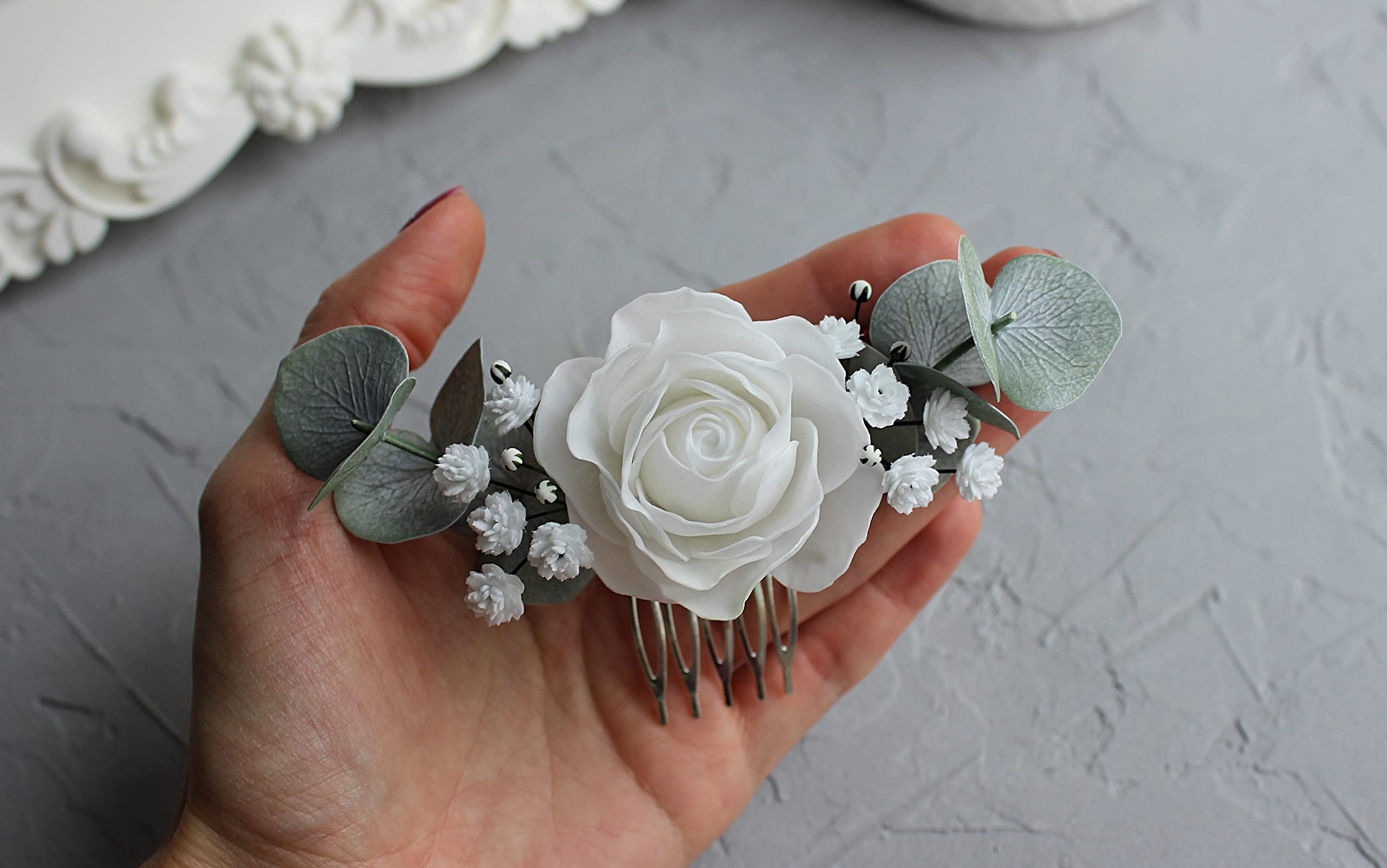Baby's Breath Rose Eucalyptus Wedding Hair Comb - Bridal Hair Accessory for Weddings, Boho Bridal Hairpiece, Greenery Hair Pins - Perfect for Boho Weddings, Beach Ceremonies & Bridal Showers