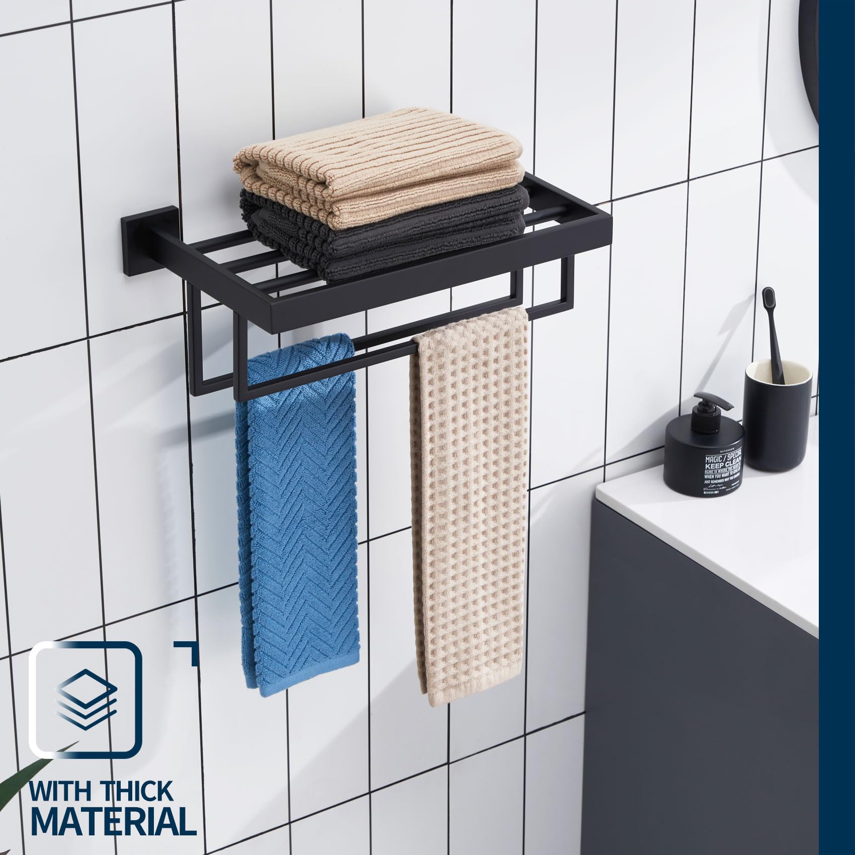 KOKOSIRI Matte Black Towel Rack 16 Inch - Double Towel Bars Bathroom Shelf, SUS304 Stainless Steel Wall Mounted Towel Holder for Bath, Kitchen & Laundry Room - B6003BK-L16
