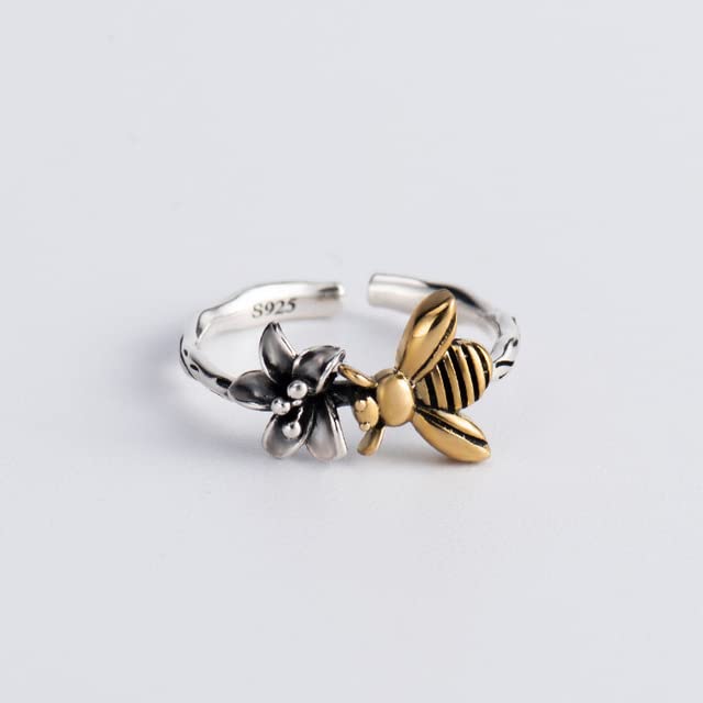 Real Sterling Silver & Gold Bee Flower Ring for Women - Dainty Open Thin Wedding & Engagement Band - Perfect for Boho, Nature-Inspired Jewelry Lovers