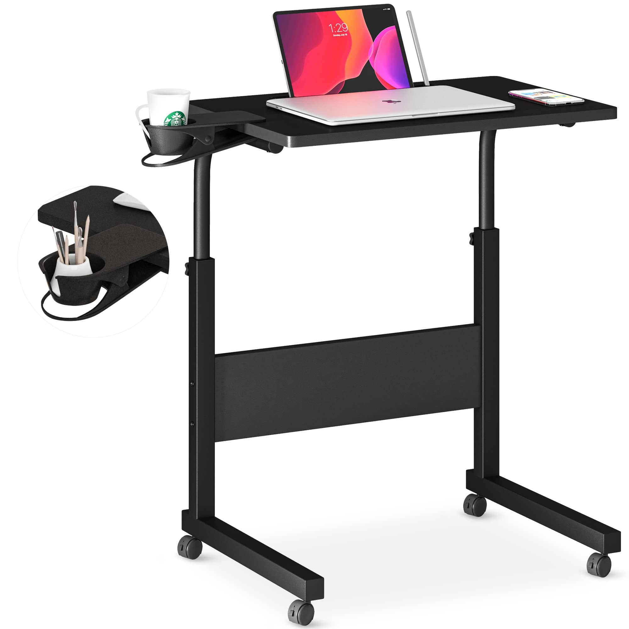 Adjustable Height Standing Desk with Cup Holder - Portable Laptop Desk & Mobile Workstation for Home Office | Small Computer Desk, Rolling Black Desk for Bedroom & Office Use