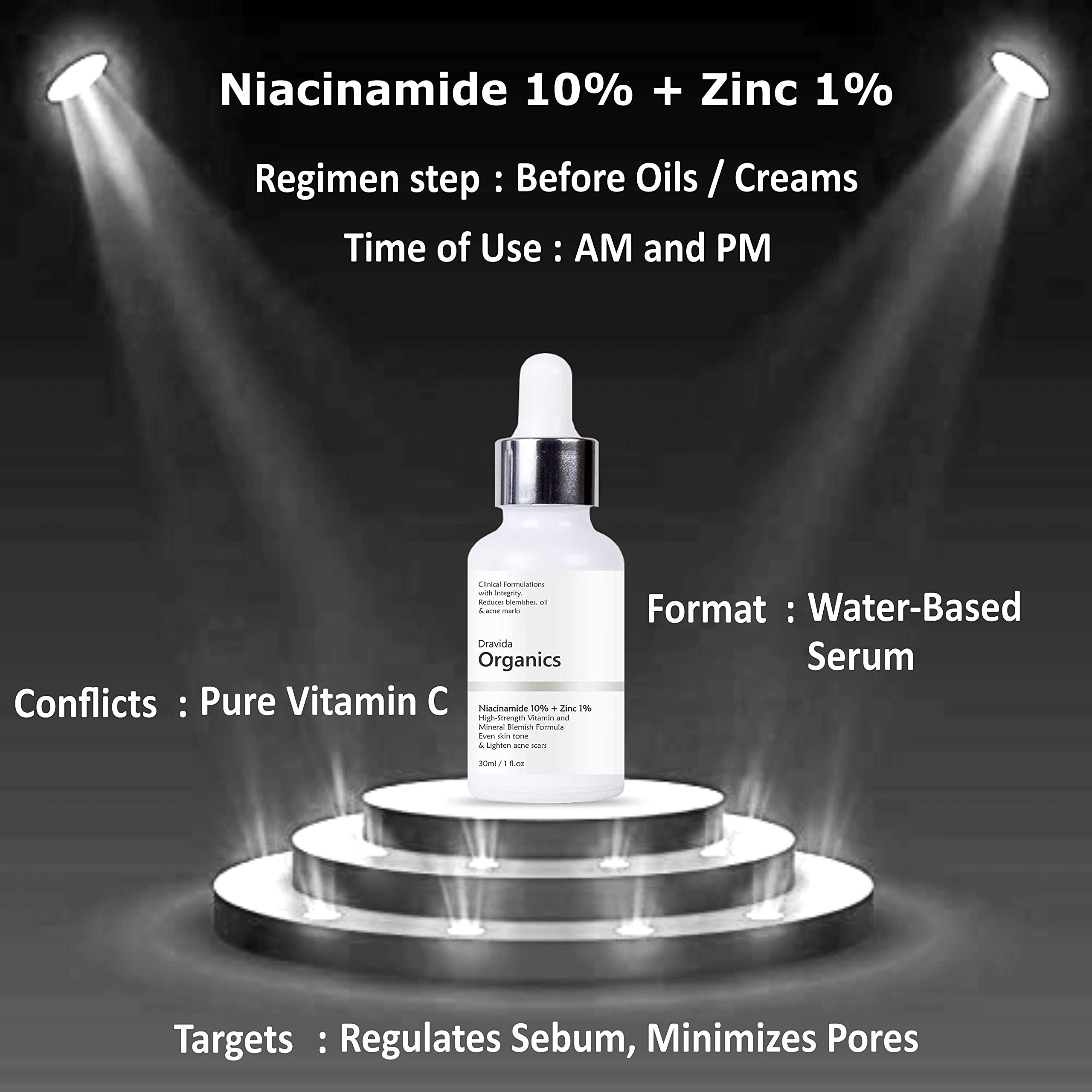Dravida Organics Niacinamide 10% + Zinc Serum for Acne Prone Skin - Reduces Blemishes, Acne Scars & Pores, Controls Oil - Best for Oily & Problematic Skin Care Routine - Perfect for Daily Use & Nighttime Skincare Regimen