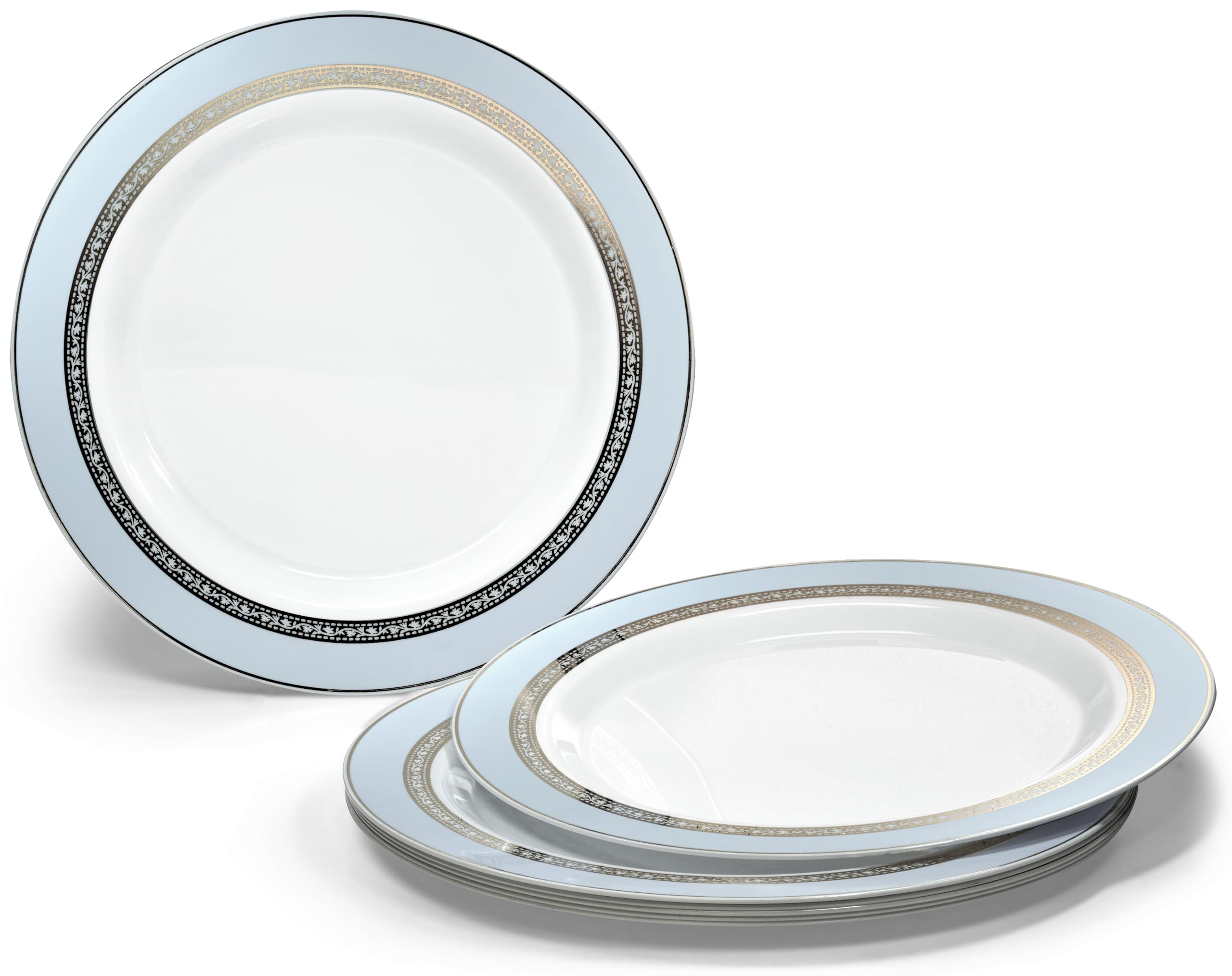 240-Pack Heavyweight Premium Disposable Plastic Plates Set - 120 x 10.5'' Dinner Plates & 120 x 7.5'' Salad/Dessert Plates (Ritz Blue & Gold) for Parties, Weddings, and Events - Elegant Disposable Tableware for 120 Guests