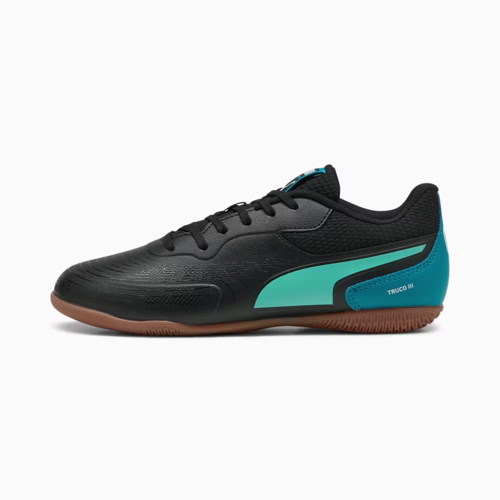 Puma Truco III Junior Indoor Soccer Shoes for Kids - Black, Aquatic, Tropical Blue, White | Perfect for Indoor Football Training & Games