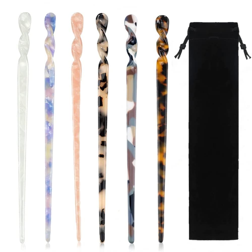 6-Piece Acetate Hair Sticks Set - Vintage Tortoiseshell Hair Chopsticks with Leopard Print for Buns & Updos - Hair Accessories for Women & Girls with Long Hair - Includes Flannel Storage Bag - Perfect for Weddings, Parties & Daily Styling