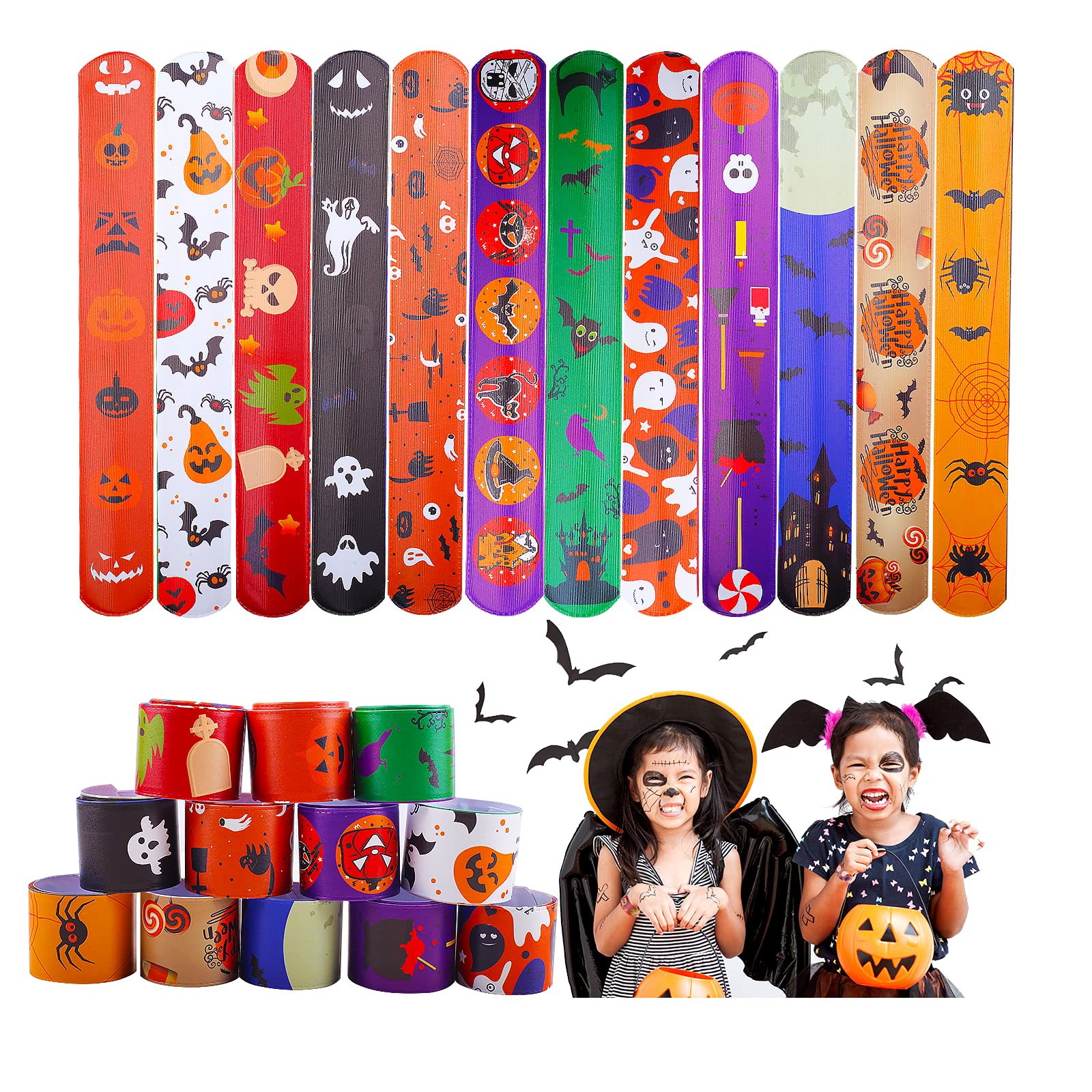 36 Pcs Halloween Slap Bracelets for Kids - Bulk Party Favors, 12 Unique Designs - Perfect for Trick or Treat Bags, Classroom Rewards & Costume Accessories