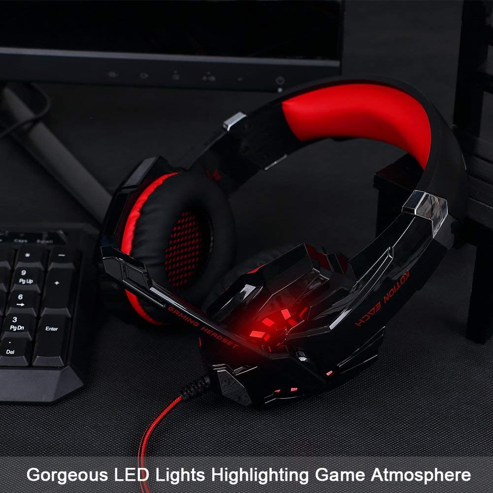Premium Stereo Gaming Headset for PS4, PS5, PC, Xbox One & Nintendo Switch - Noise Cancelling Over-Ear Headphones with Mic, LED Lights & Deep Bass Surround - Soft Memory Foam Earmuffs for Comfort - Perfect for Gaming, Streaming & Online Meetings (Black-Red)