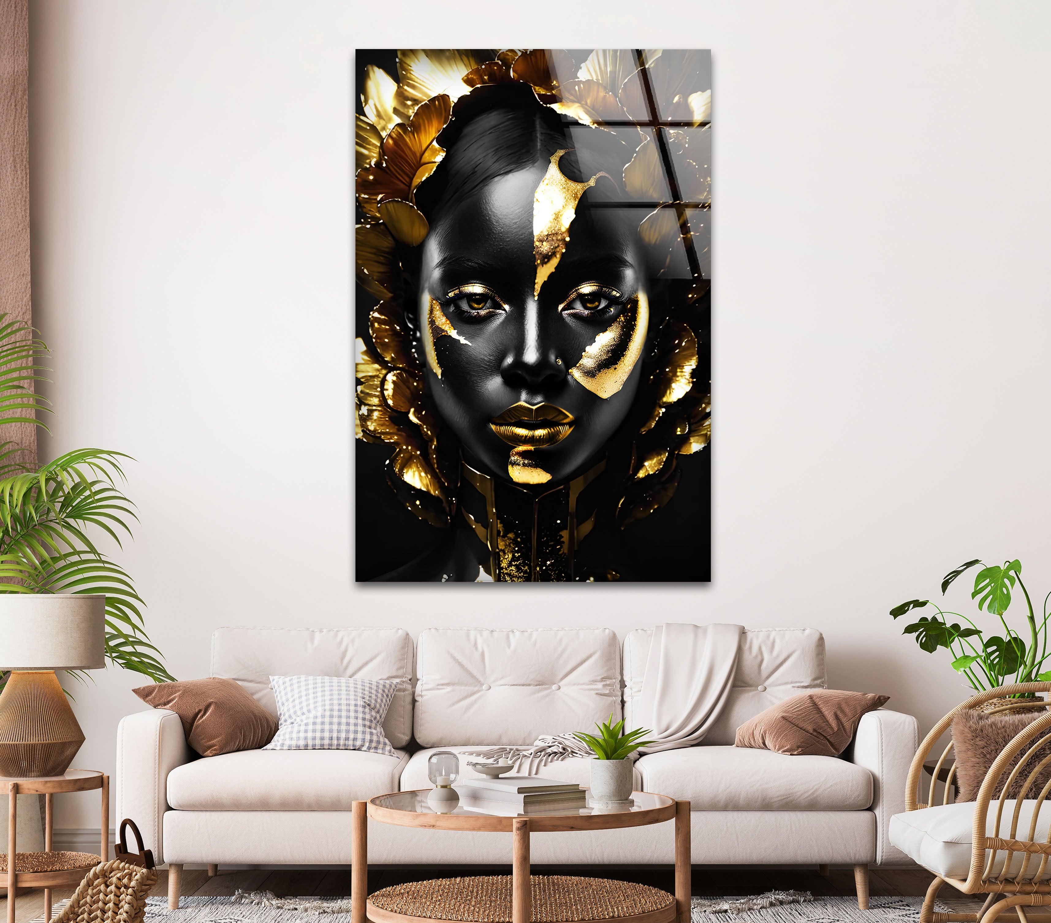 Elegant Black Woman Gold Face Glass Wall Art - Modern Home Decor for Living Room, Bedroom & Office